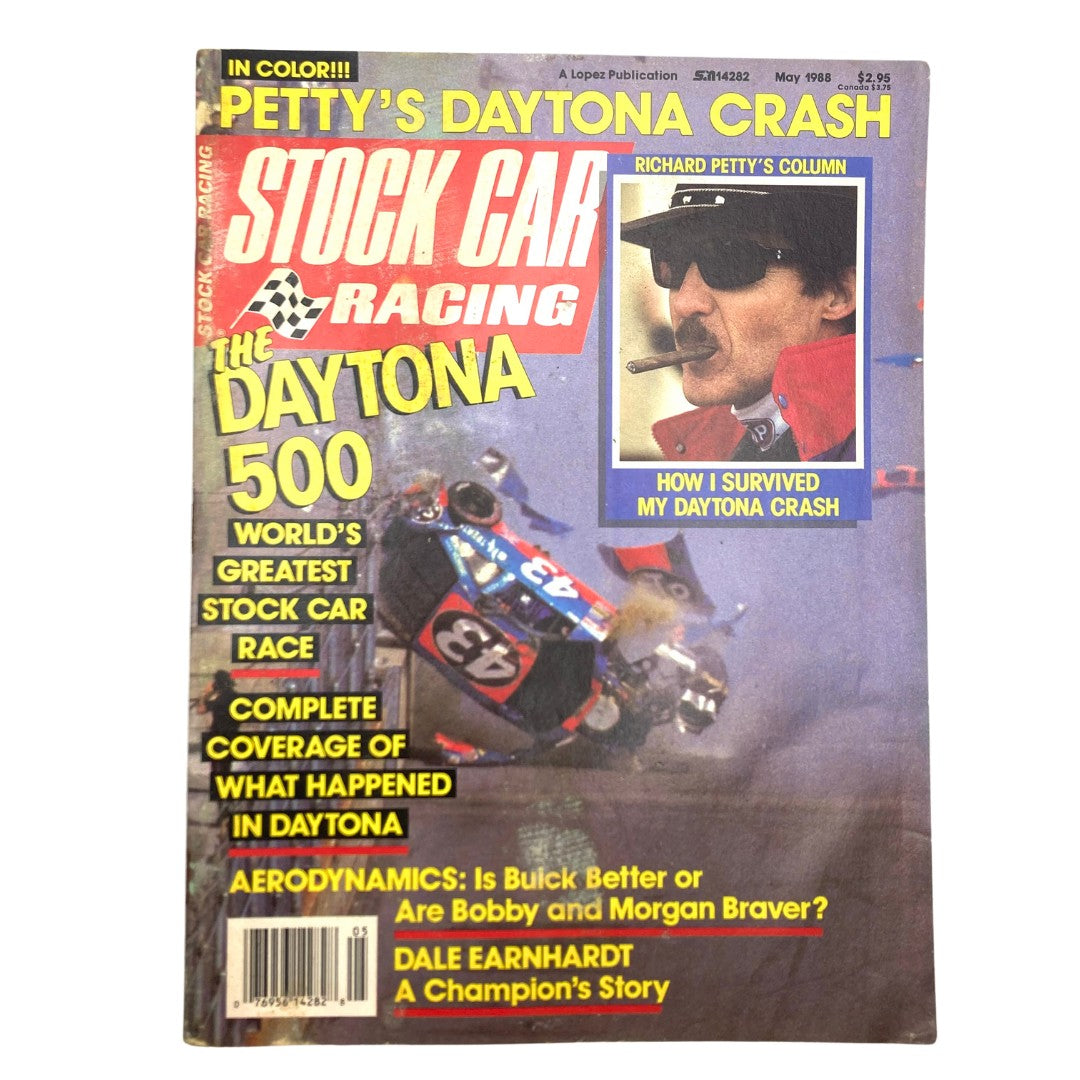 Cover of VTG Stock Car Racing Magazine May 1988 featuring Richard Petty, highlighting his column on surviving the Daytona crash, with vibrant graphics and text about the Daytona 500.