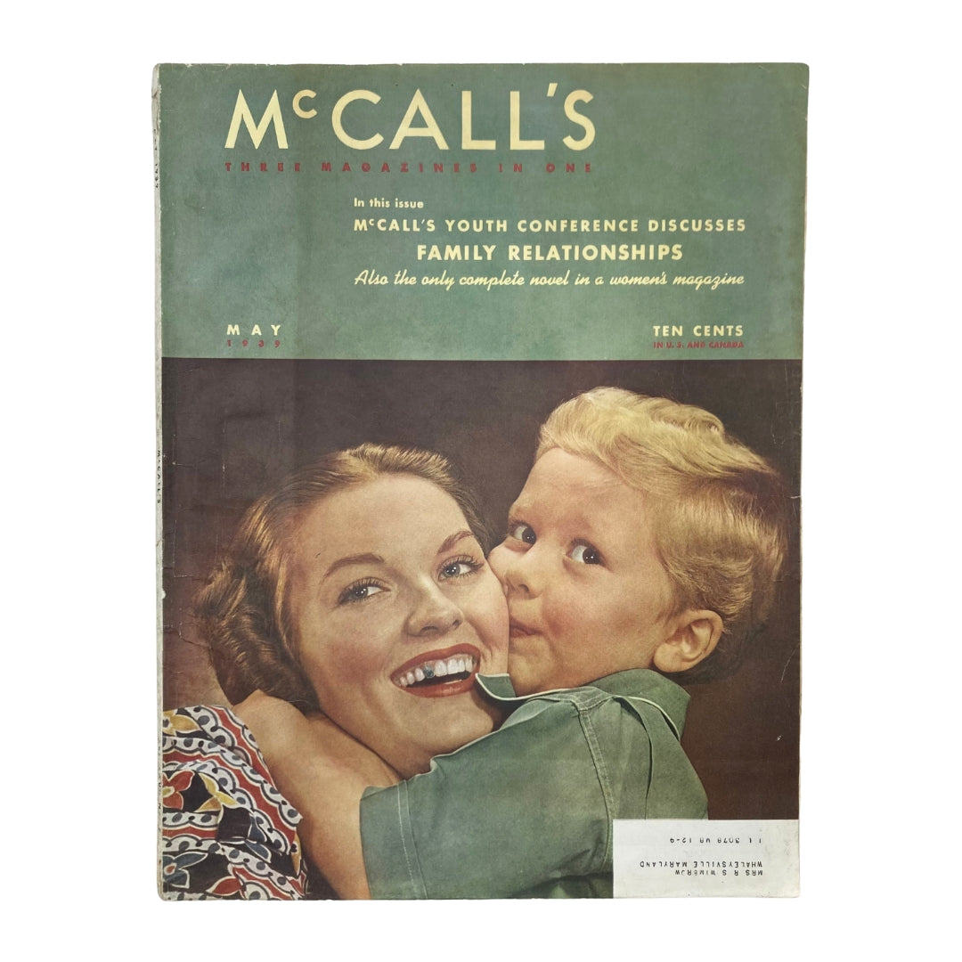 Cover of VTG McCall's Magazine May 1939 featuring a mother and child, highlighting the article on Youth Conference Discusses Family Relationships.