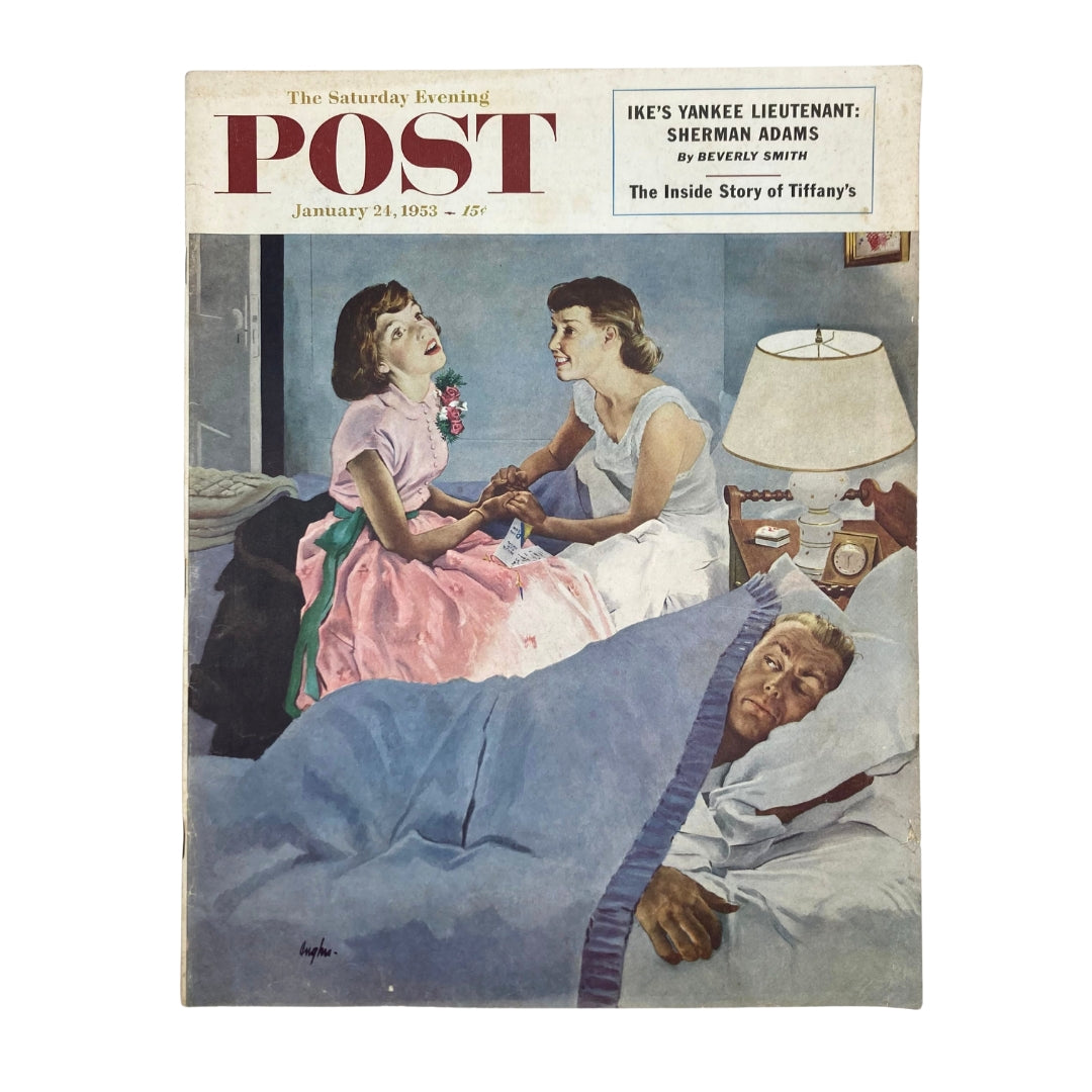 Cover of Saturday Evening Post Magazine January 24, 1953 featuring the painting 'Sand Man' by Hughes with two women in a bedroom scene and a man in bed looking surprised.