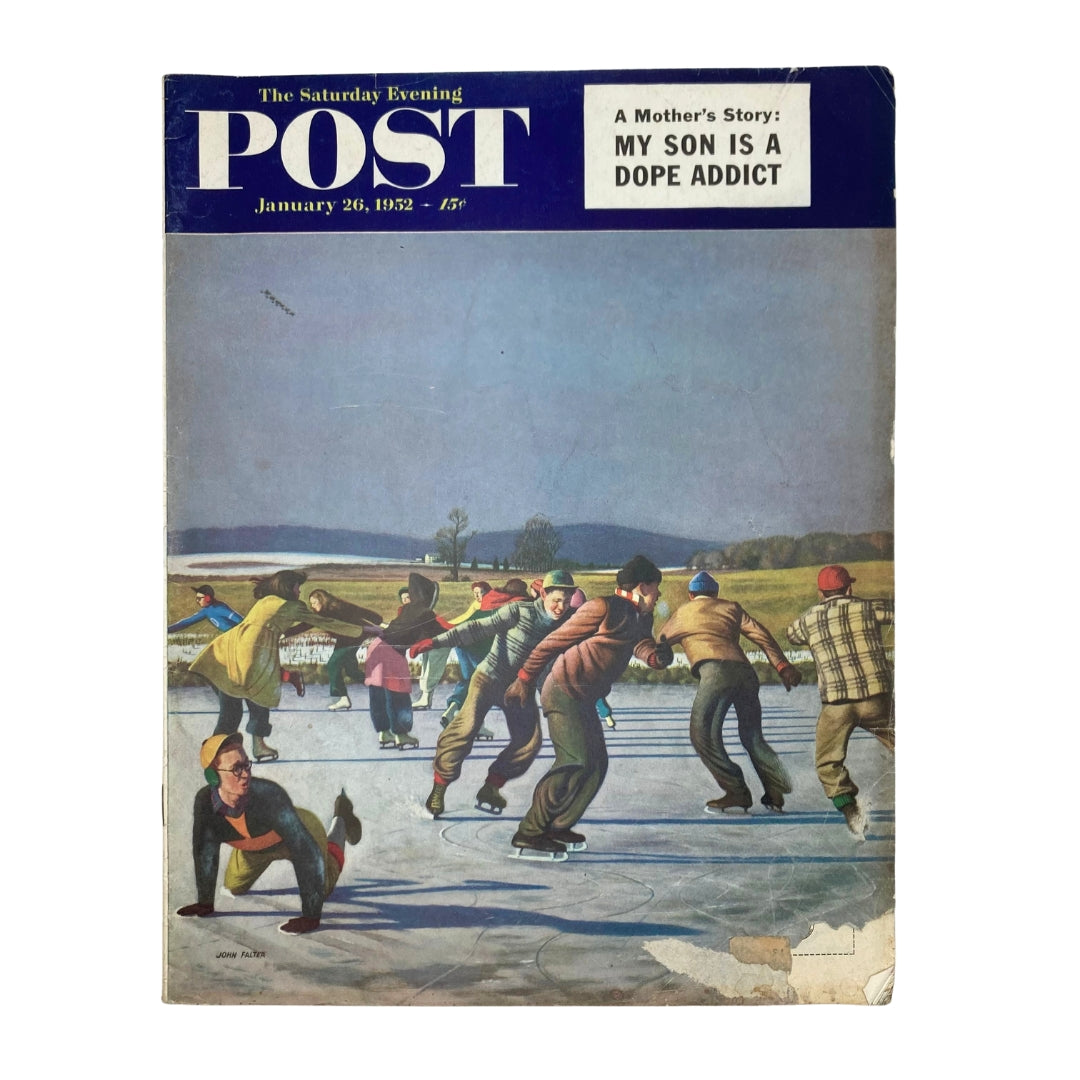 Cover of Saturday Evening Post magazine from January 26, 1952, featuring a winter scene of people ice skating, illustrated by John Falter.
