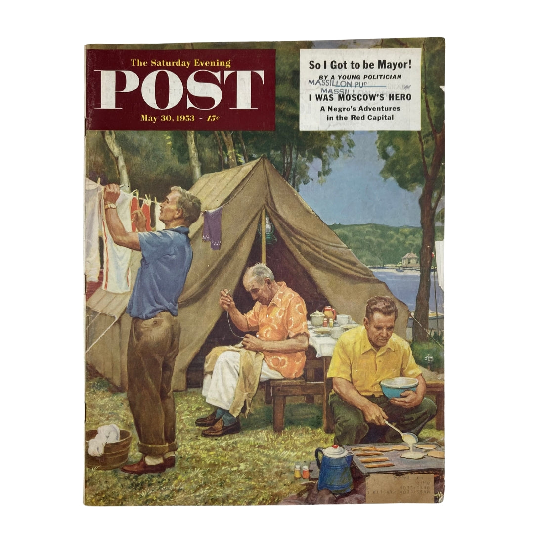  cover of the Saturday Evening Post Magazine dated May 30, 1953 featuring the Washerwoman illustration by Mead Schaeffer, depicting a camp scene with men engaging in various activities.