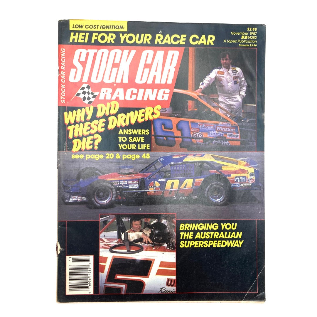 Cover of the VTG Stock Car Racing Magazine November 1987, featuring bold text asking 'Why Did These Drivers Die?' with imagery of stock cars and a driver on the cover.