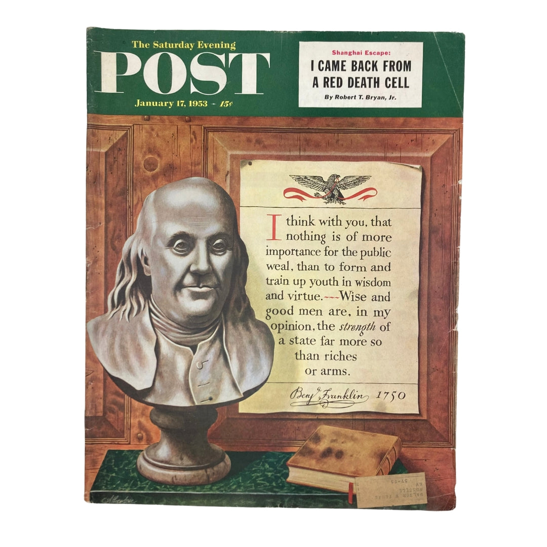 Cover of the Saturday Evening Post Magazine January 17 1953 featuring Benjamin Franklin's bust and a quote on public wisdom, reflecting mid-20th century Americana.