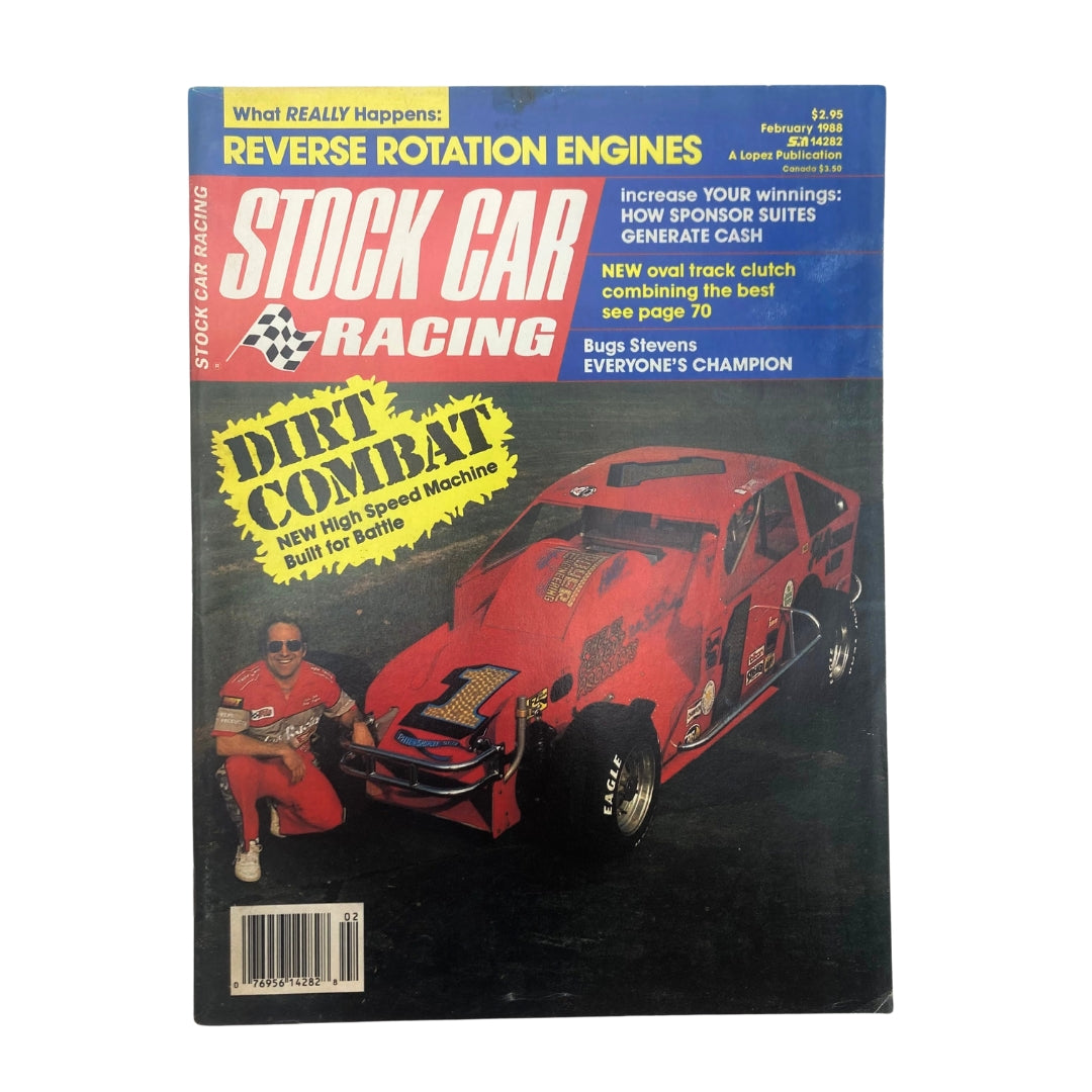 VTG Stock Car Racing Magazine February 1988 cover featuring Billy Taylor art, showcasing a bright red race car and the text 'DIRT COMBAT' highlighting the magazine's themes of high-speed racing and motorsport culture.