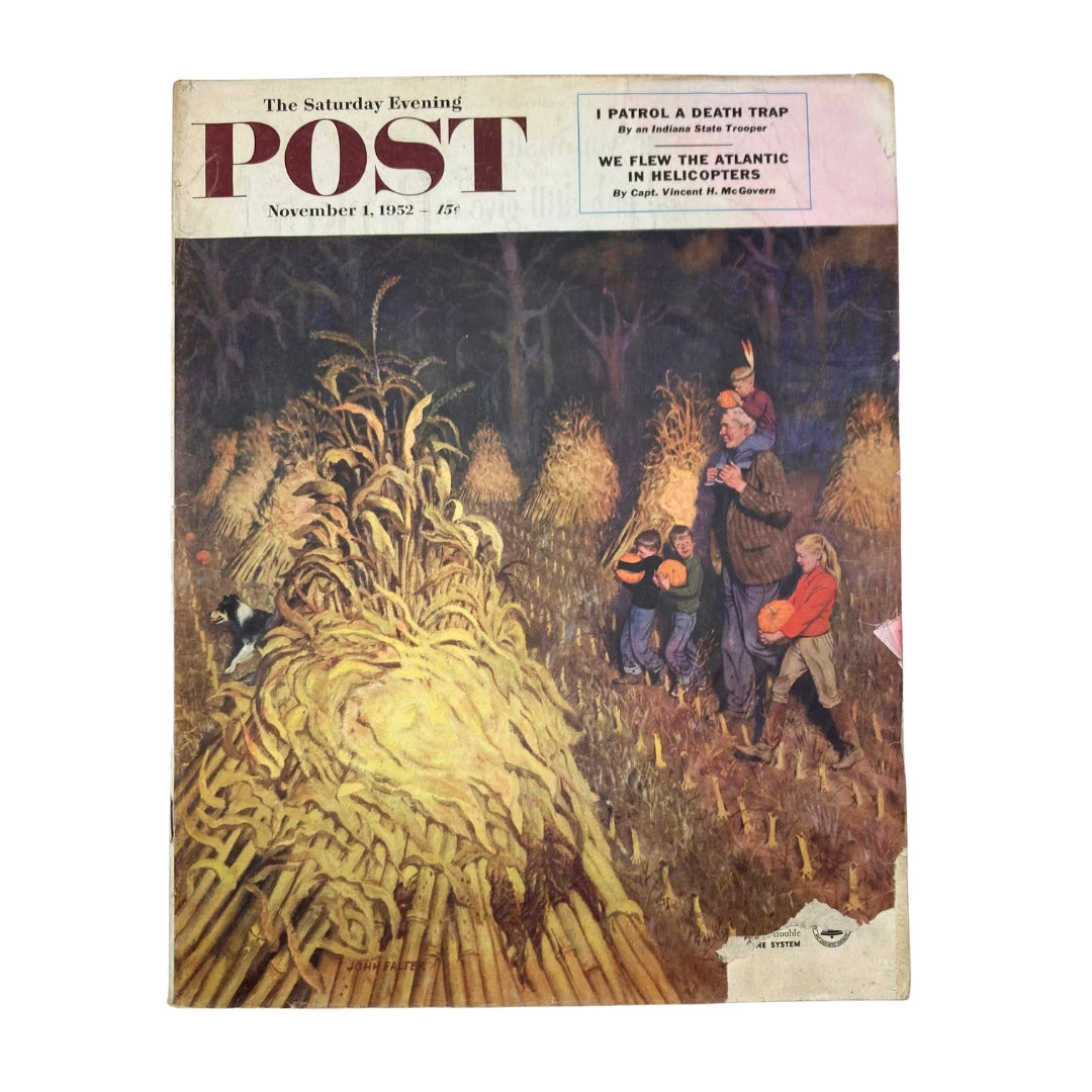Cover of the Saturday Evening Post Magazine from November 1, 1952 featuring a Jack-o-Lantern illustration by John Falter. The cover showcases an autumn scene with a family in a cornfield.