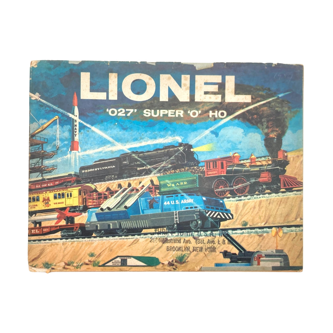 1959 Lionel Model Railroad Train 'O27' Super 'O' and Ho Catalog cover showcasing colorful illustrations of trains and accessories.