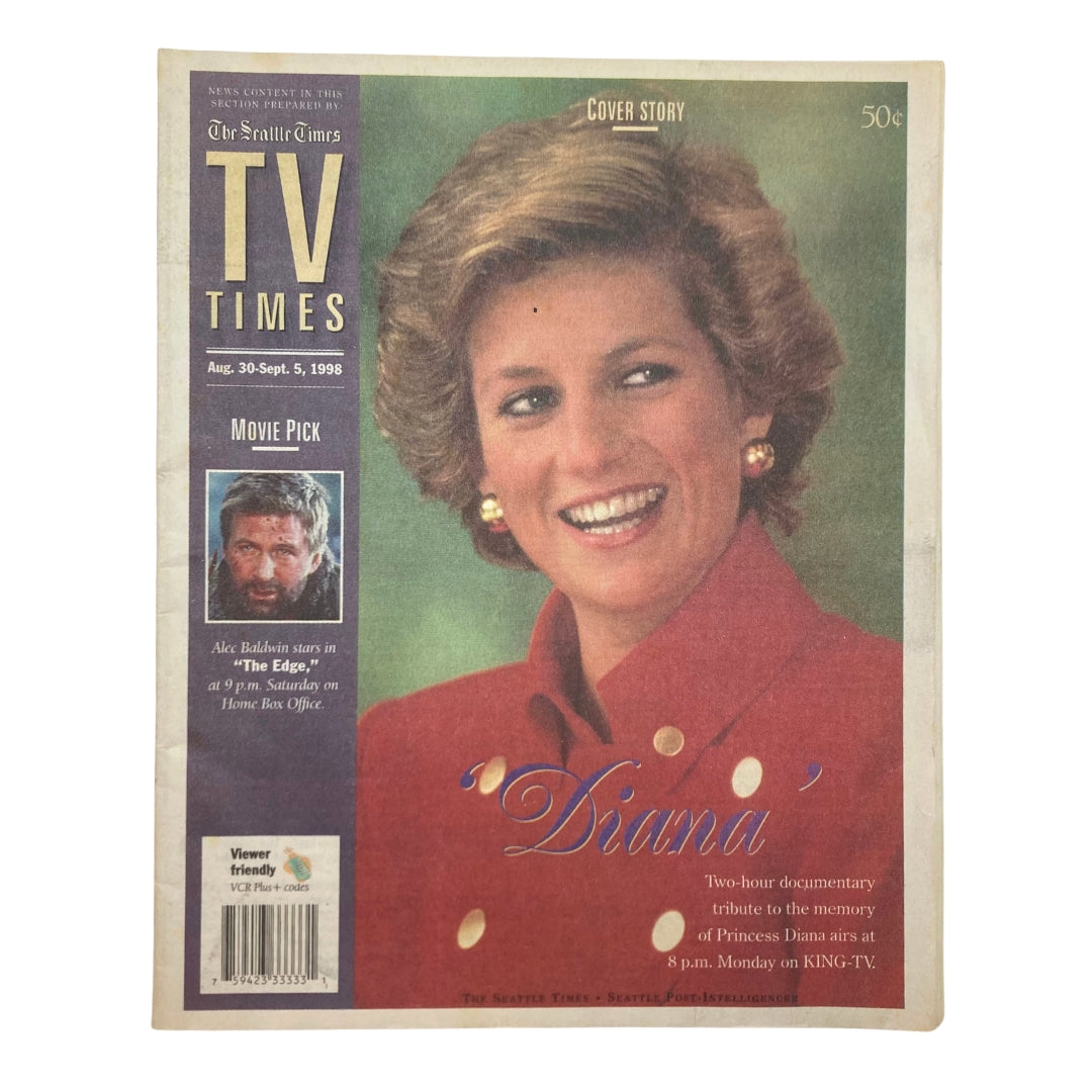 TV Times Magazine August 30, 1998, featuring a cover story tribute to Princess Diana, showcasing her smiling portrait in a red outfit, commemorating her legacy.