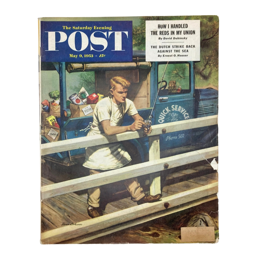 Cover of Saturday Evening Post Magazine from May 9, 1953, featuring an illustration by Stevan Dohanos, depicting a young man in a quick service truck, symbolizing mid-20th century Americana.