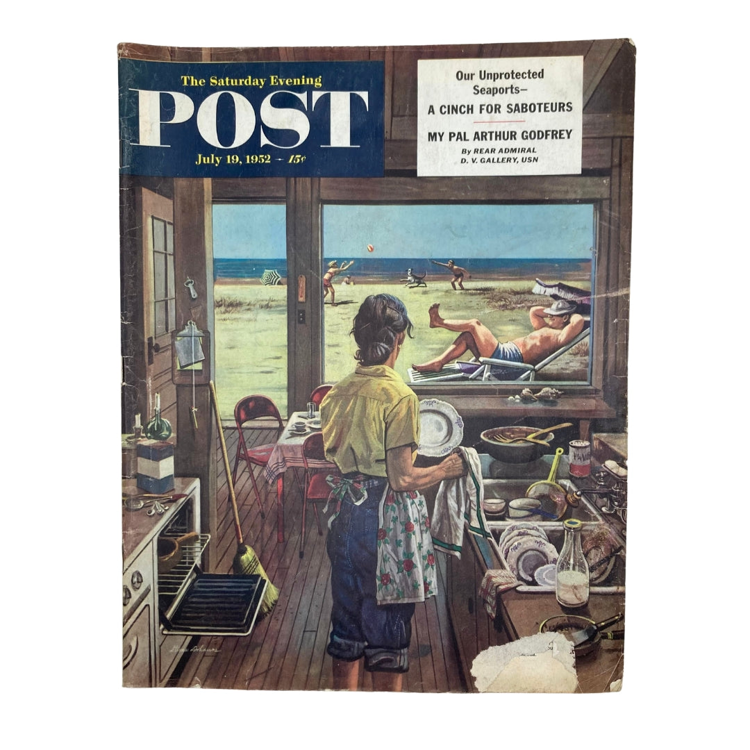 Cover of the Saturday Evening Post Magazine dated July 19, 1952, featuring artwork by Stevan Dohanos, depicting a woman washing dishes with a beach scene visible outside a window.