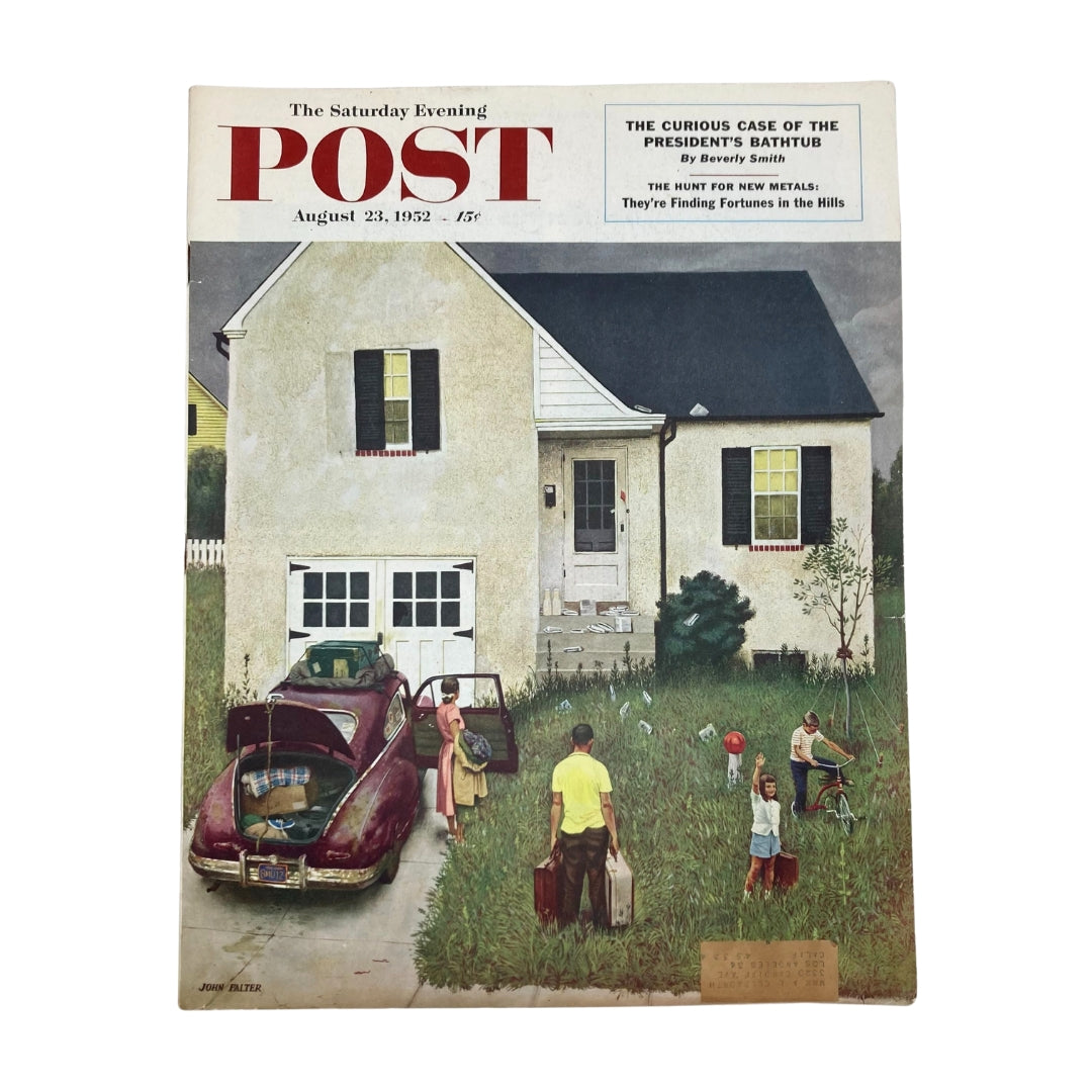 Cover of Saturday Evening Post Magazine August 23, 1952 featuring the illustration 'Papa's Key Ring' by John Falter, showcasing a family scene outside a house.