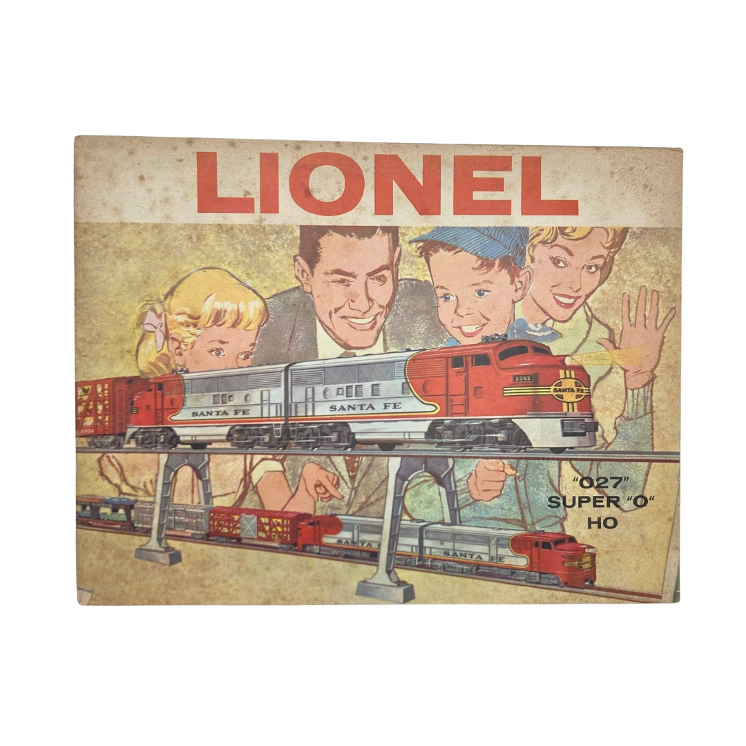 1960 Lionel Model Railroad Train O27 Catalog cover featuring colorful illustrations of trains and excited figures, showcasing the nostalgic charm of model railroading.