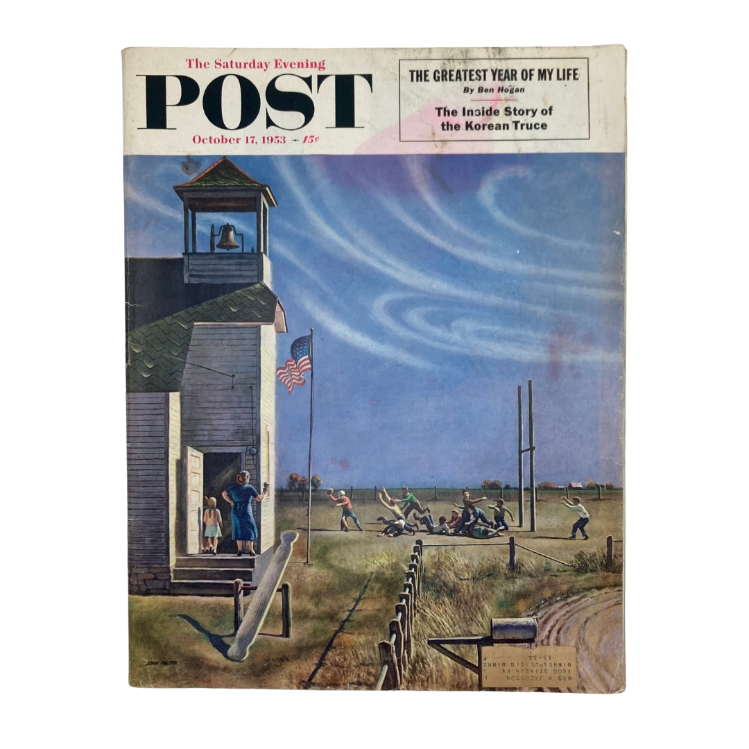 Cover of Saturday Evening Post Magazine from October 17, 1953, titled 'As Autumn' featuring artwork by John Falter, depicting a scenic rural scene with an American flag.