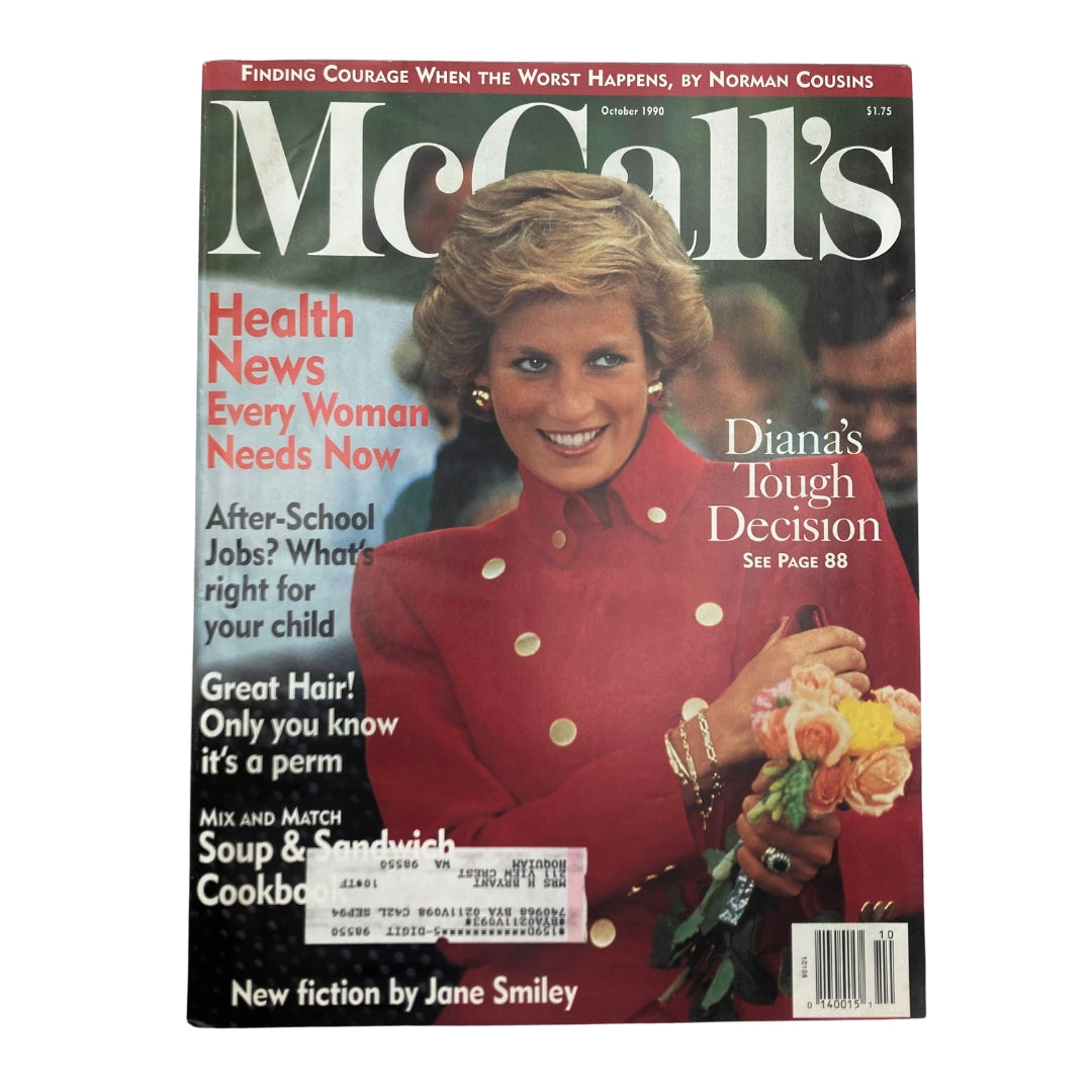 Cover of McCall's Magazine October 1990 featuring Princess Diana with the headline 'Diana's Tough Decision'. The magazine highlights health news, beauty tips, and parenting advice.