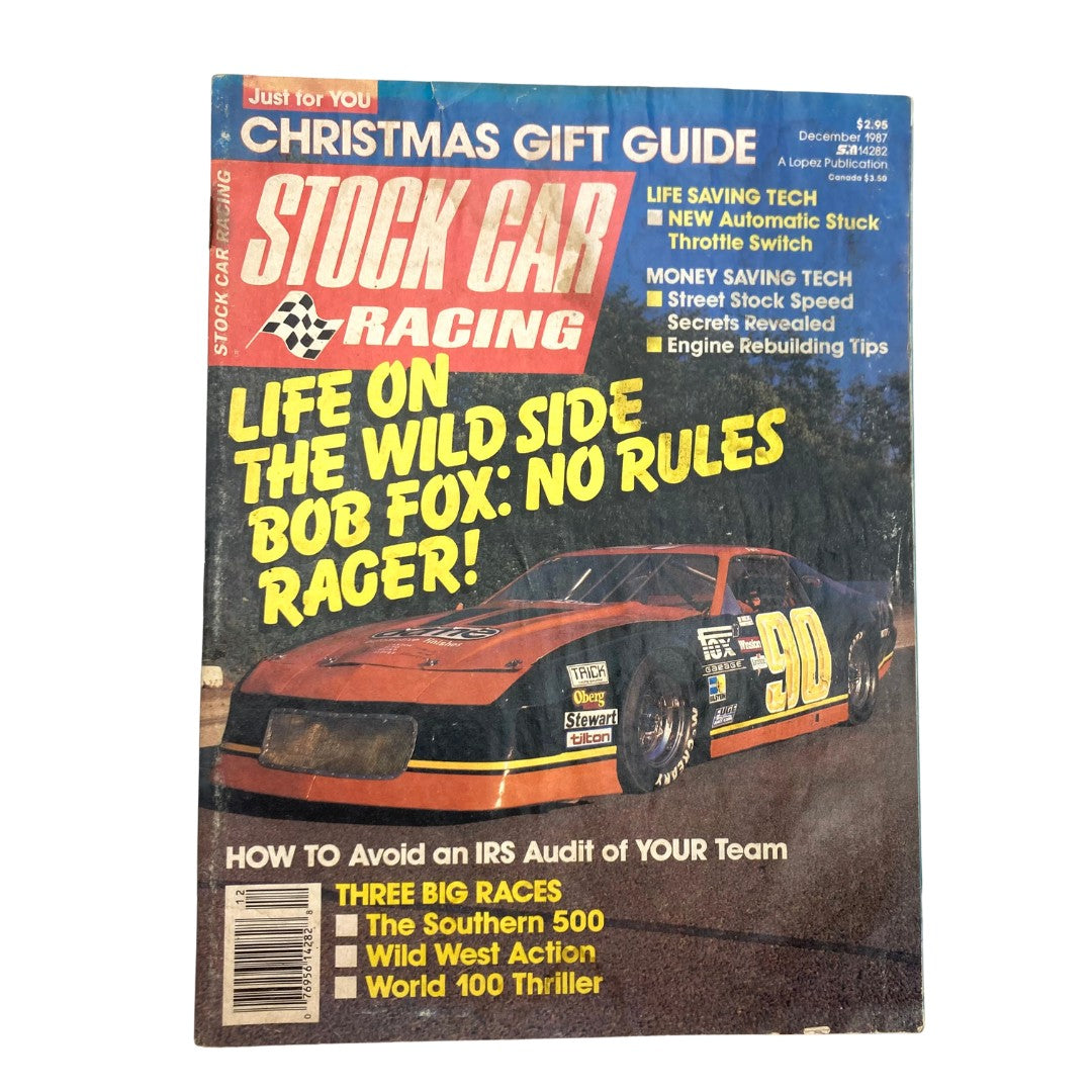 Cover of VTG Stock Car Racing Magazine December 1987 featuring Bob Fox, showcasing stock car racer and vibrant graphics, highlighting No Rules Racer!