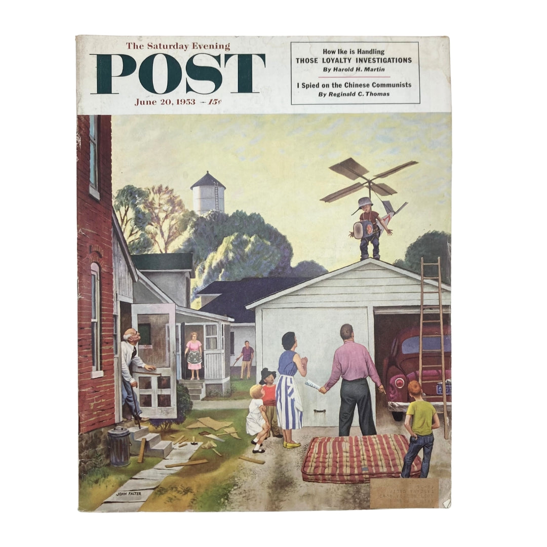 Cover of Saturday Evening Post Magazine June 20 1953 featuring the artwork 'Little Harry' by John Falter, depicting a charming neighborhood scene with children and adults.