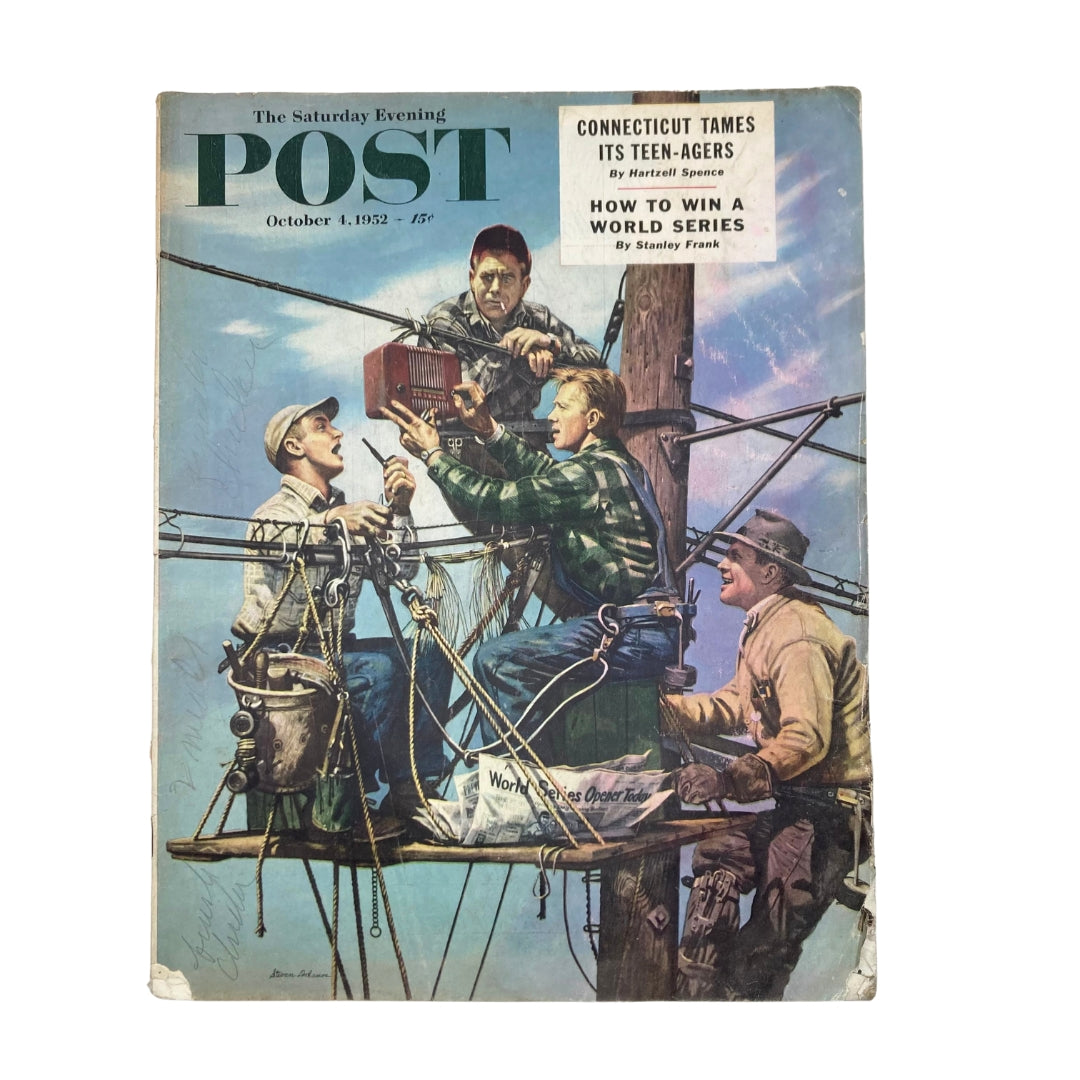 Cover of the Saturday Evening Post Magazine from October 4, 1952, featuring the theme "How To Win A World Series" with a vintage illustration of men working on a telephone pole.