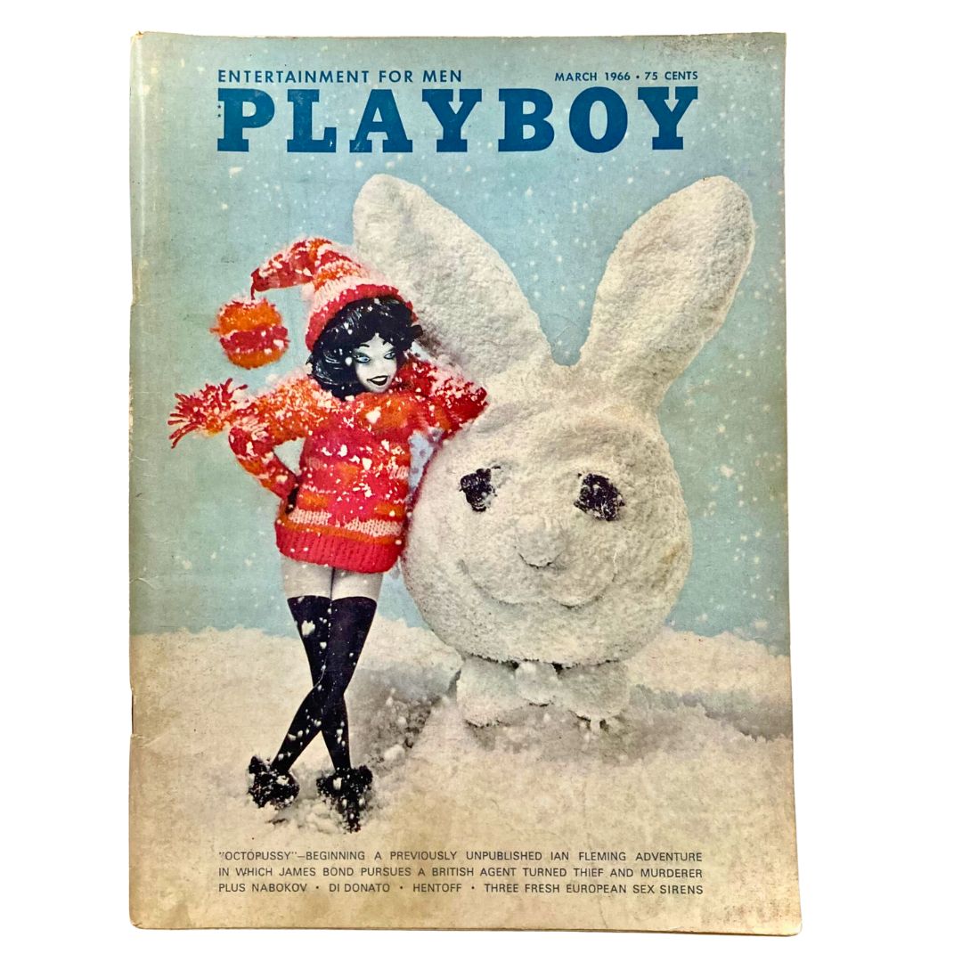 VTG Playboy Magazine March 1966 featuring a festive cover with a model in a winter sweater next to a snow bunny.