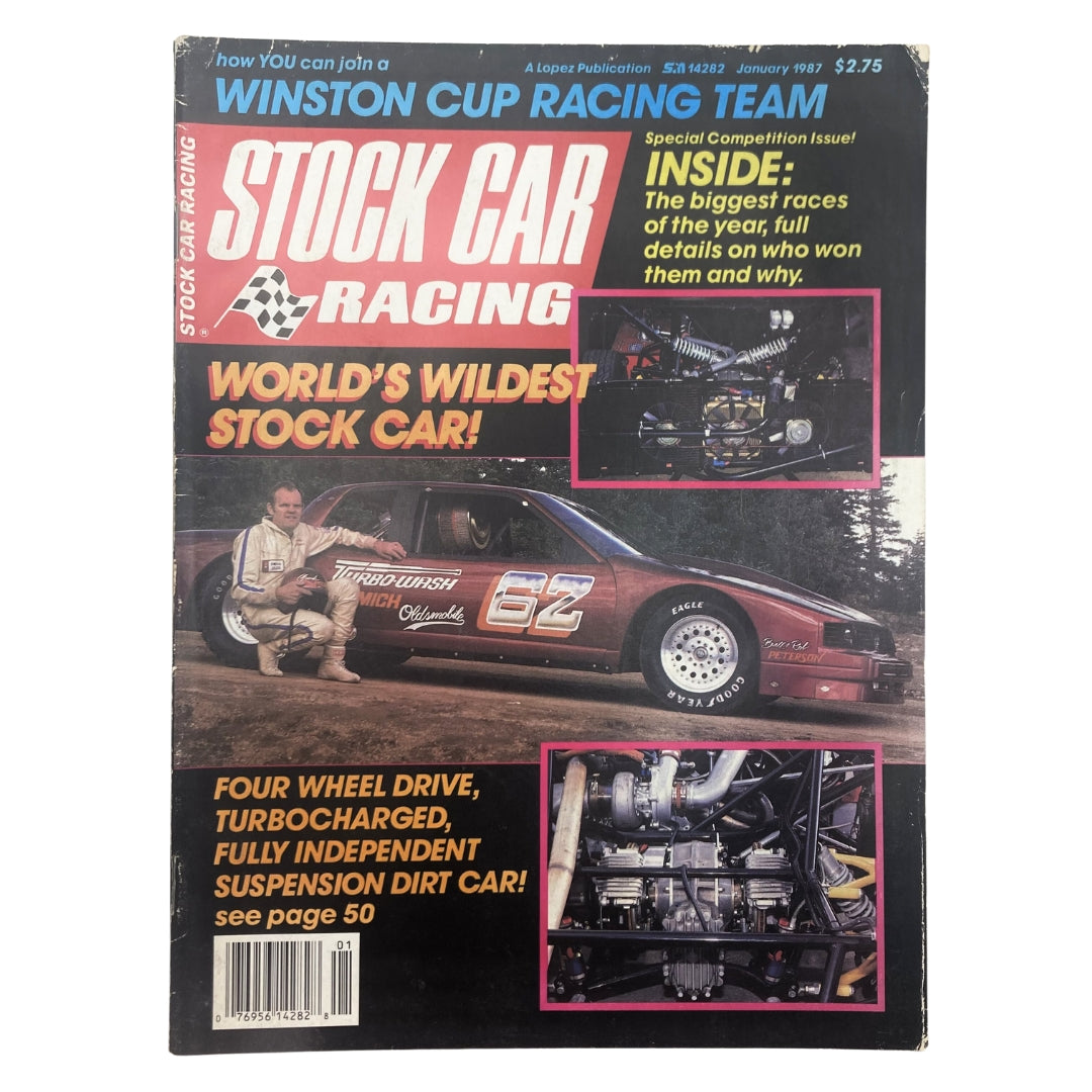 Cover of VTG Stock Car Racing Magazine January 1987 featuring Winston Cup Racing Team with highlights on the world's wildest stock car and four wheel drive and turbocharged features.