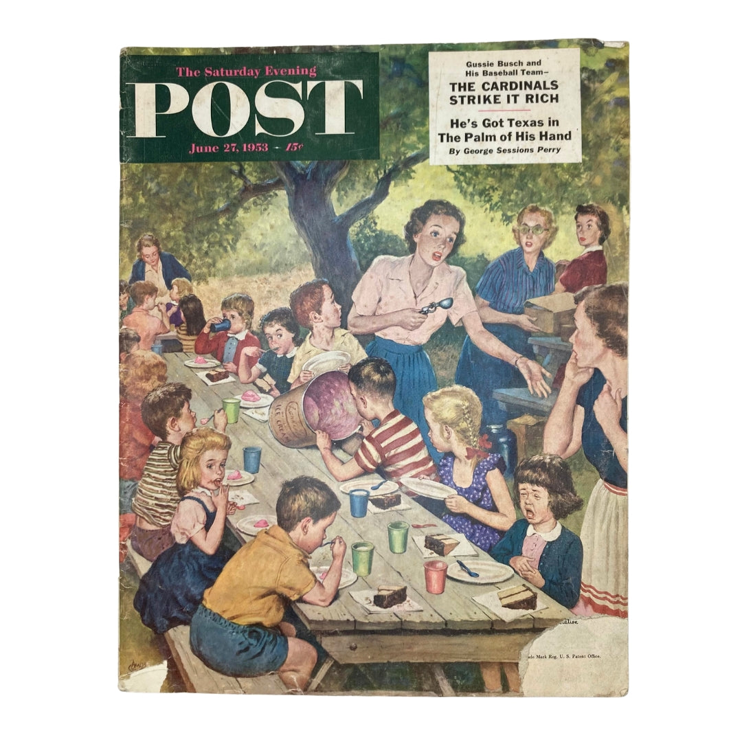 Cover of The Saturday Evening Post Magazine June 27, 1953 featuring a vibrant picnic scene illustrated by Amos Sewell, showcasing children enjoying cake and drinks around a table under trees.