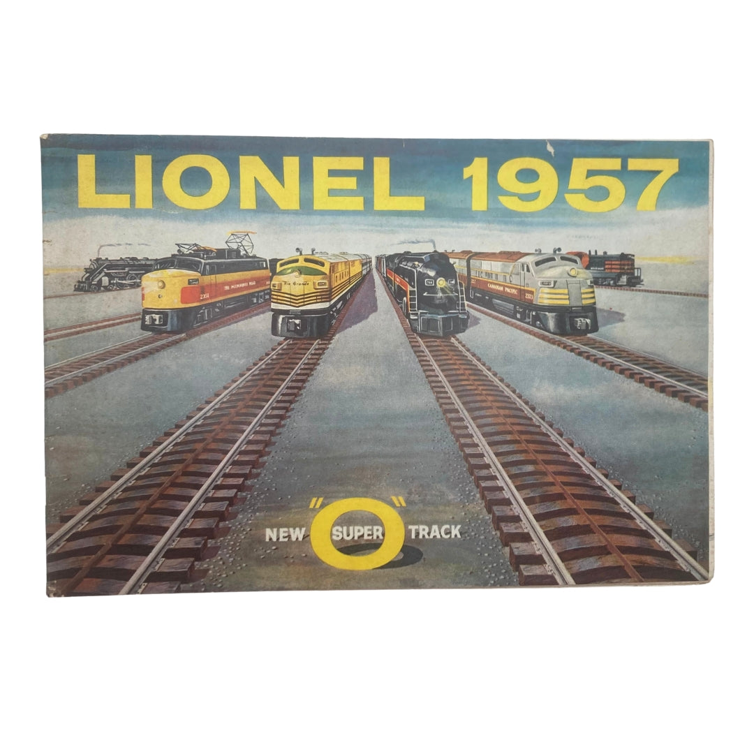 Cover of the 1957 Lionel Model Railroad Train New Super 'O' Track Catalog featuring several vintage trains on track.