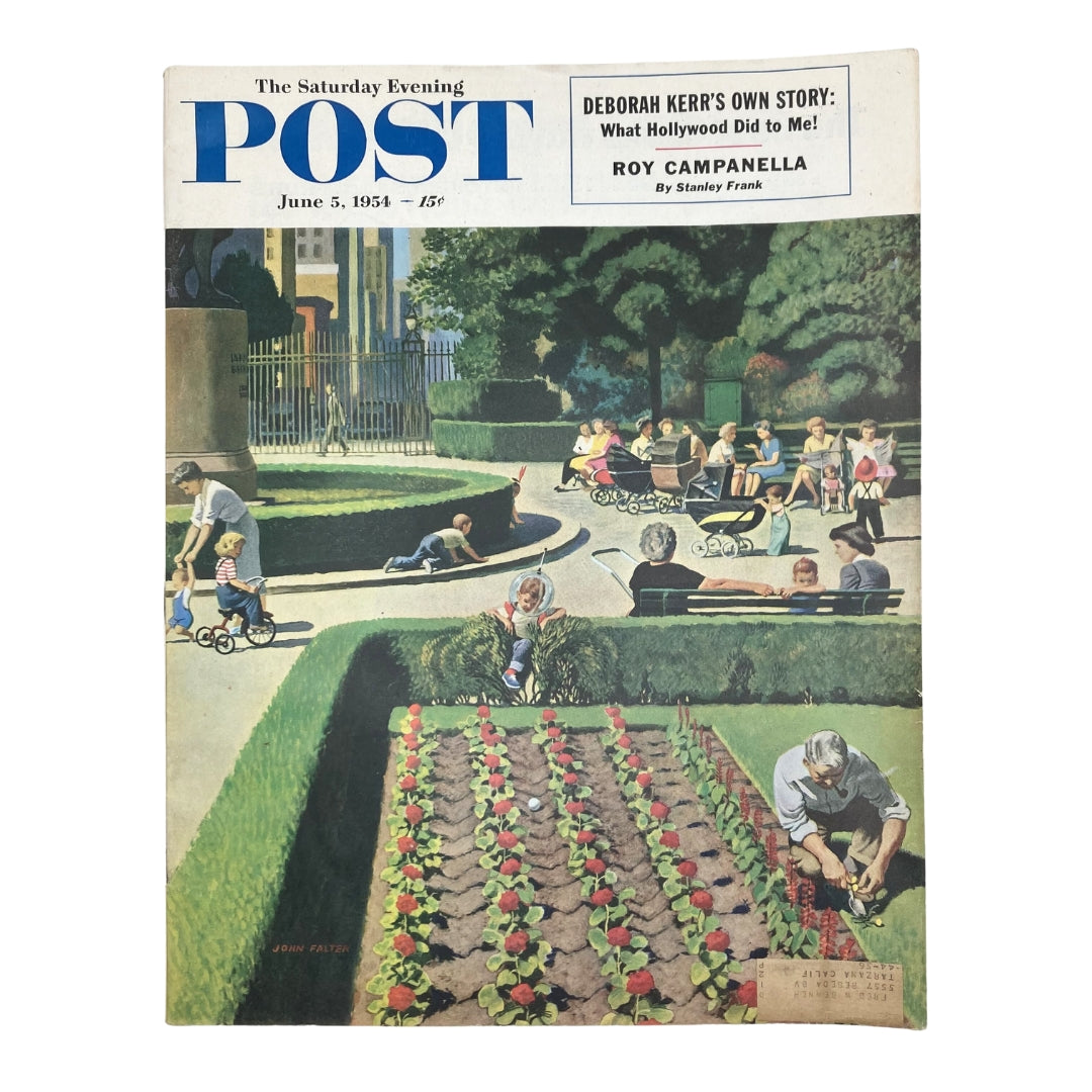 Cover of the Saturday Evening Post Magazine from June 5, 1954, featuring illustration 'Down Out of The City' by John Falter, depicting a lively park scene with families and children enjoying a sunny day.