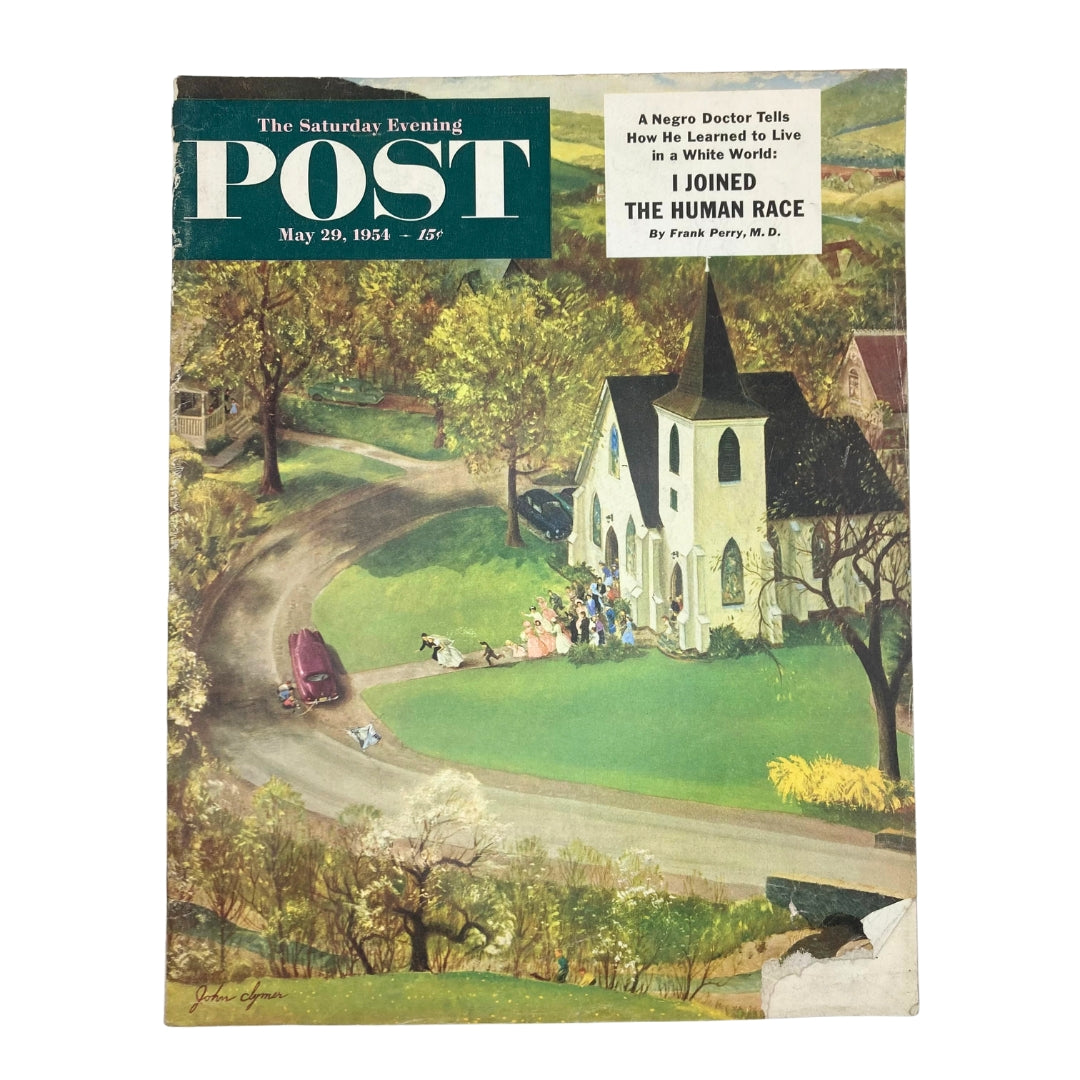 Cover of Saturday Evening Post Magazine May 29 1954 featuring cover art 'That Church' by John Clymer.
