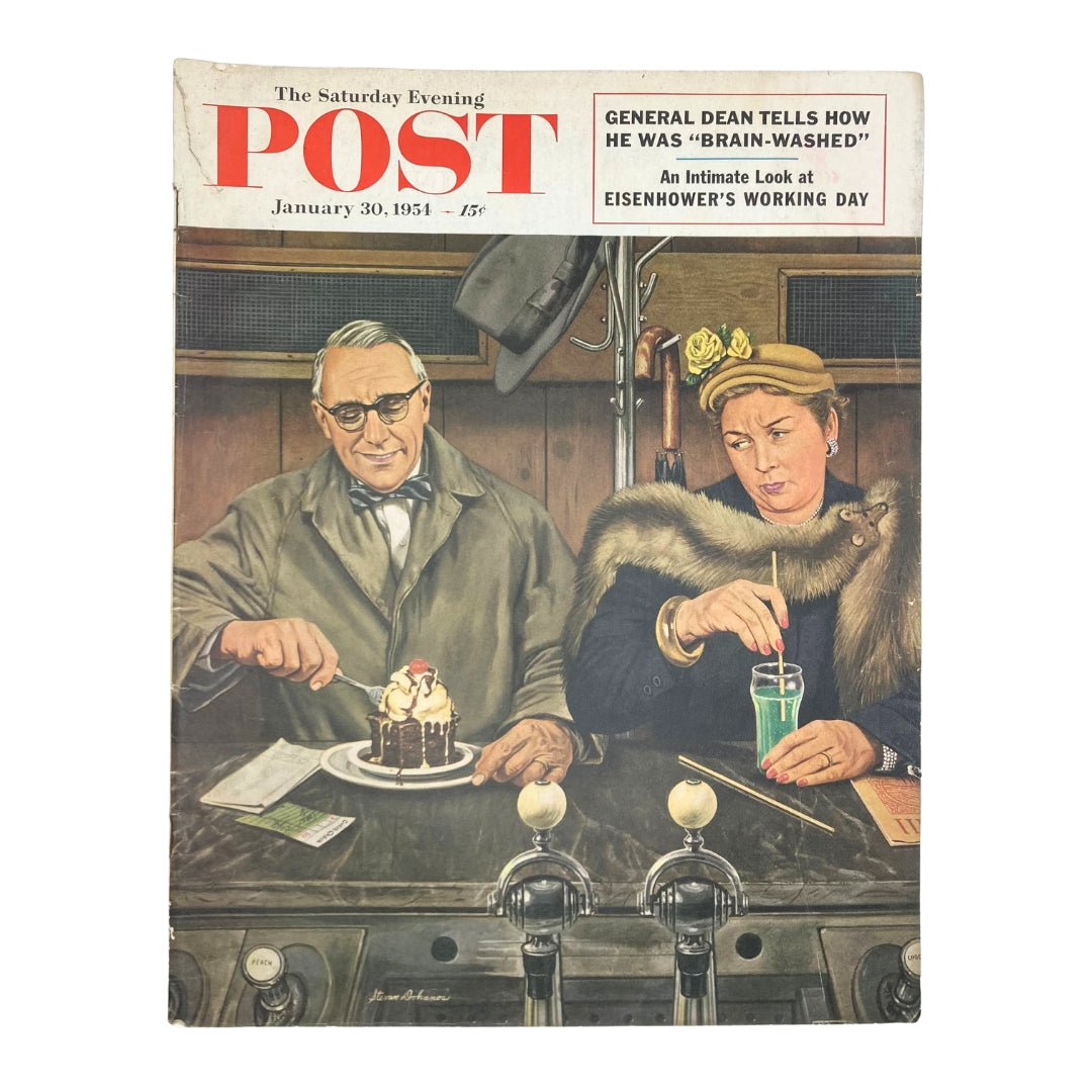 Cover of the Saturday Evening Post Magazine dated January 30, 1954, featuring artwork by Dohanos, depicting a man and woman dining at a counter with desserts and beverages.