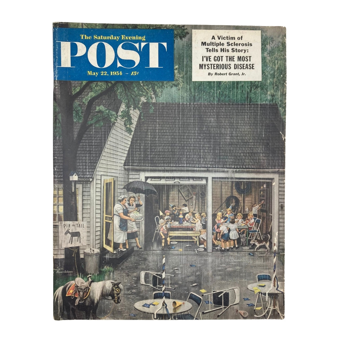 Cover of the Saturday Evening Post Magazine May 22, 1954, featuring the artwork 'Soggy Scene' by Stevan Dohanos, depicting a rainy day gathering in a backyard.