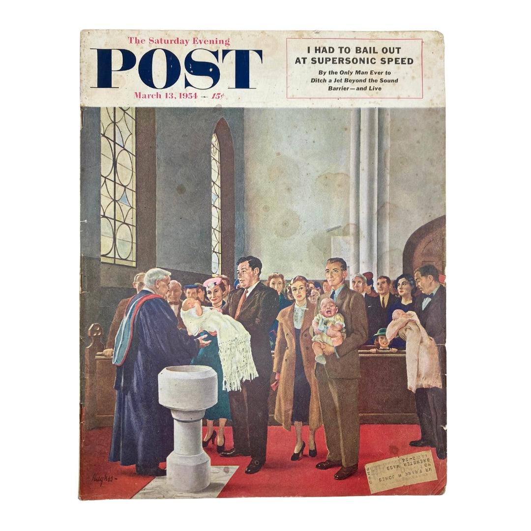 Cover of Saturday Evening Post Magazine from March 13, 1954 featuring 'Little Churchgoers' by George Hughes, depicting a baptism scene with a congregation in a church.