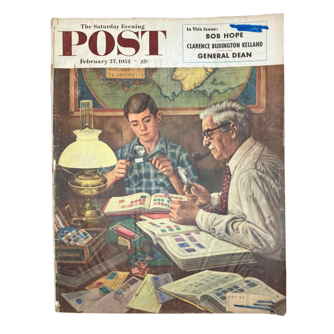 Cover of Saturday Evening Post Magazine from February 27, 1954, featuring a nostalgic illustration by Stevan Dohanos, depicting a grandfather and grandson engaging in stamp collecting, surrounded by vintage stamps and a lamp.