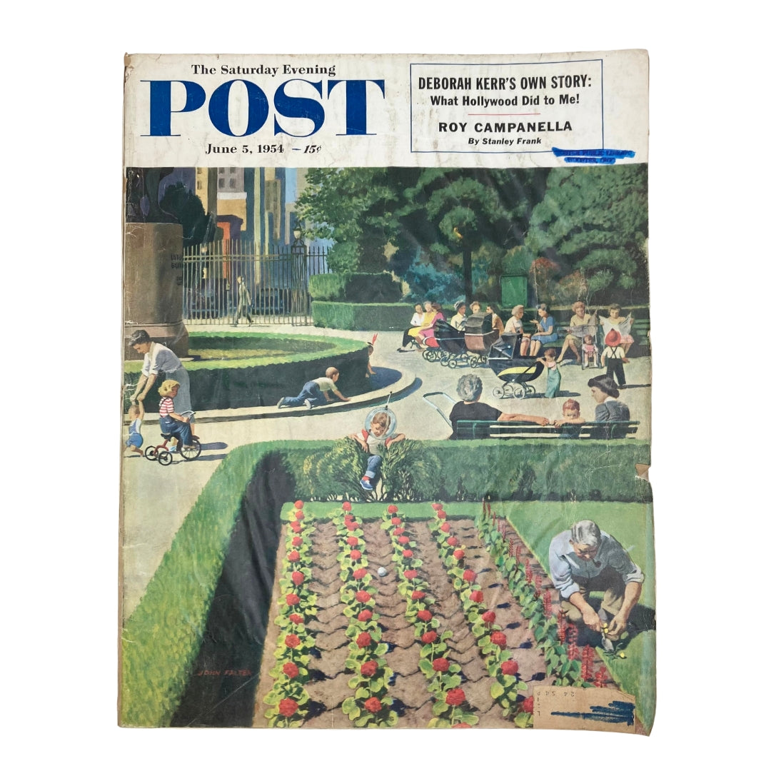 Cover of Saturday Evening Post Magazine June 5, 1954 featuring the artwork 'City's Cubbyholes' by John Falter, depicting children playing in a park.