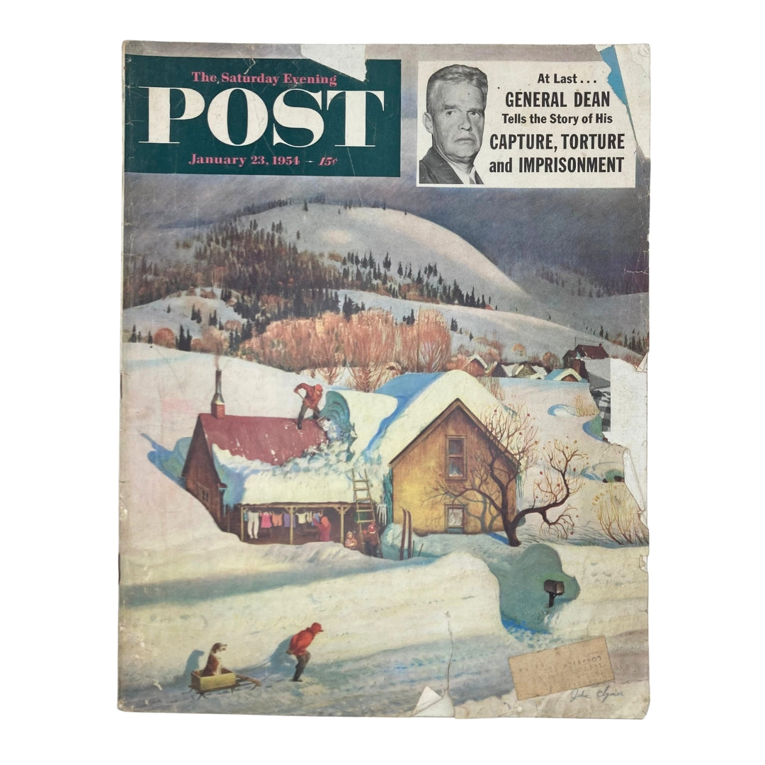 Cover of the Saturday Evening Post Magazine from January 23, 1954 featuring artwork Snow for Christmas by John Clymer, depicting a snowy winter scene with houses and figures outside in the snow.