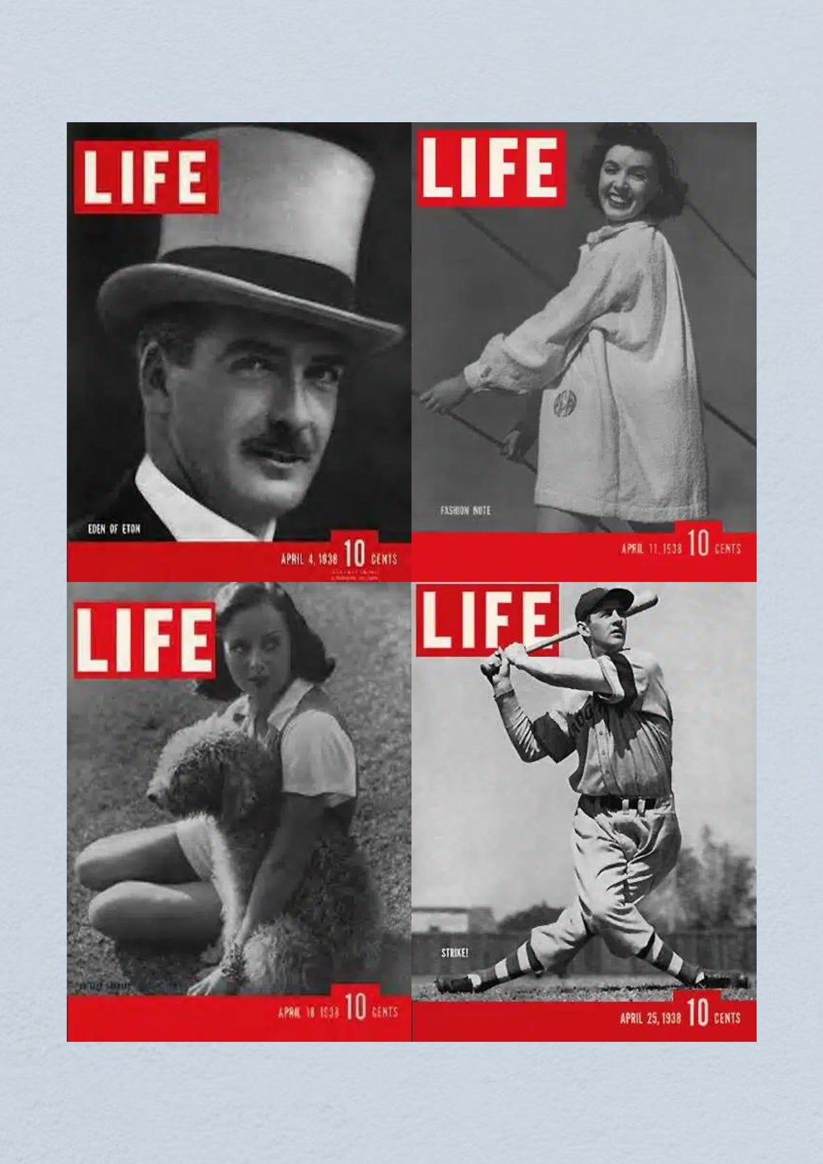 Life Magazine Lot of 4 Full Month of April 1938 featuring the cover of April 4 with Anthony Eden, April 11 with a fashion note, April 18 showcasing a girl with a dog, and April 25 displaying a baseball player in action.