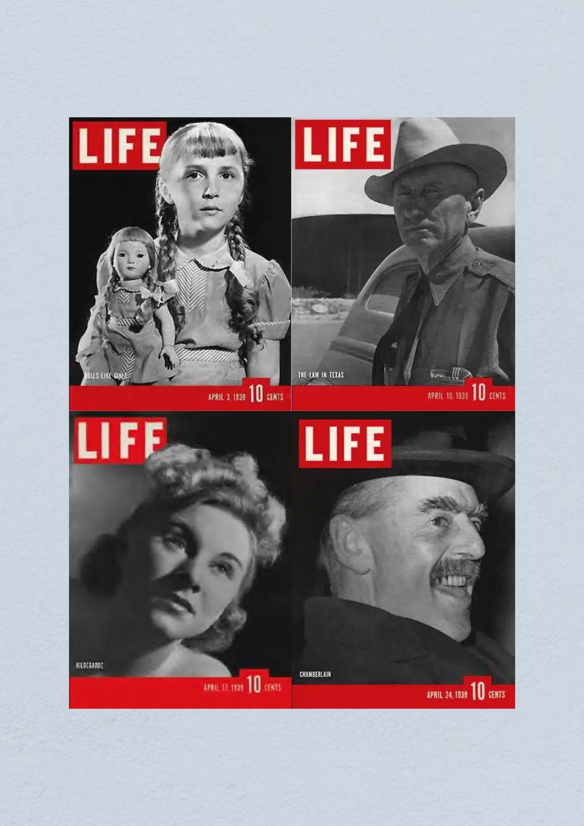 Life Magazine Lot of 4 featuring covers from April 3, 10, 17, and 24, 1939, highlighting notable events leading to WWII. Includes a young girl with a doll, a Texas lawman, a glamorous actress, and a candid of a historical figure.