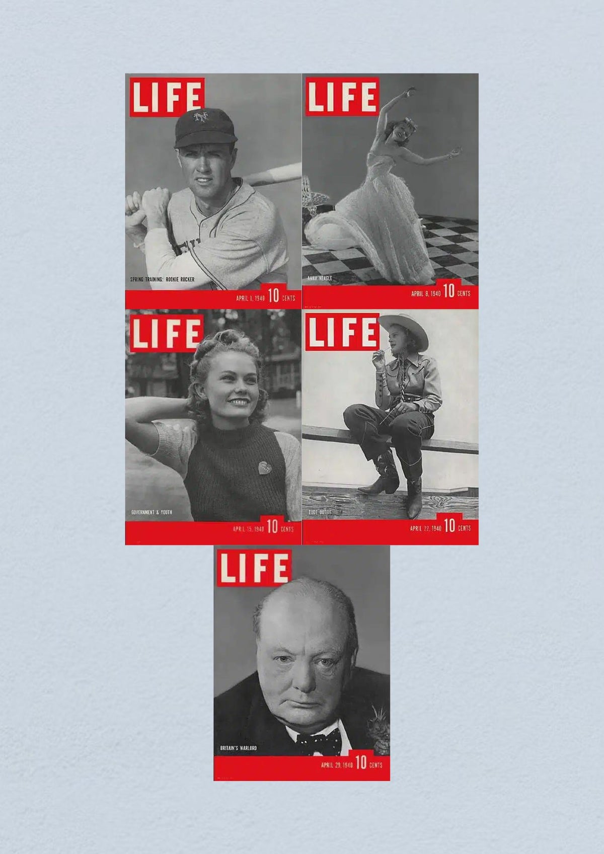 Life Magazine lot of 5 full issues from April 1940, featuring significant covers including athletes, historical figures, and cultural icons, showcasing the period's captivating imagery and stories.