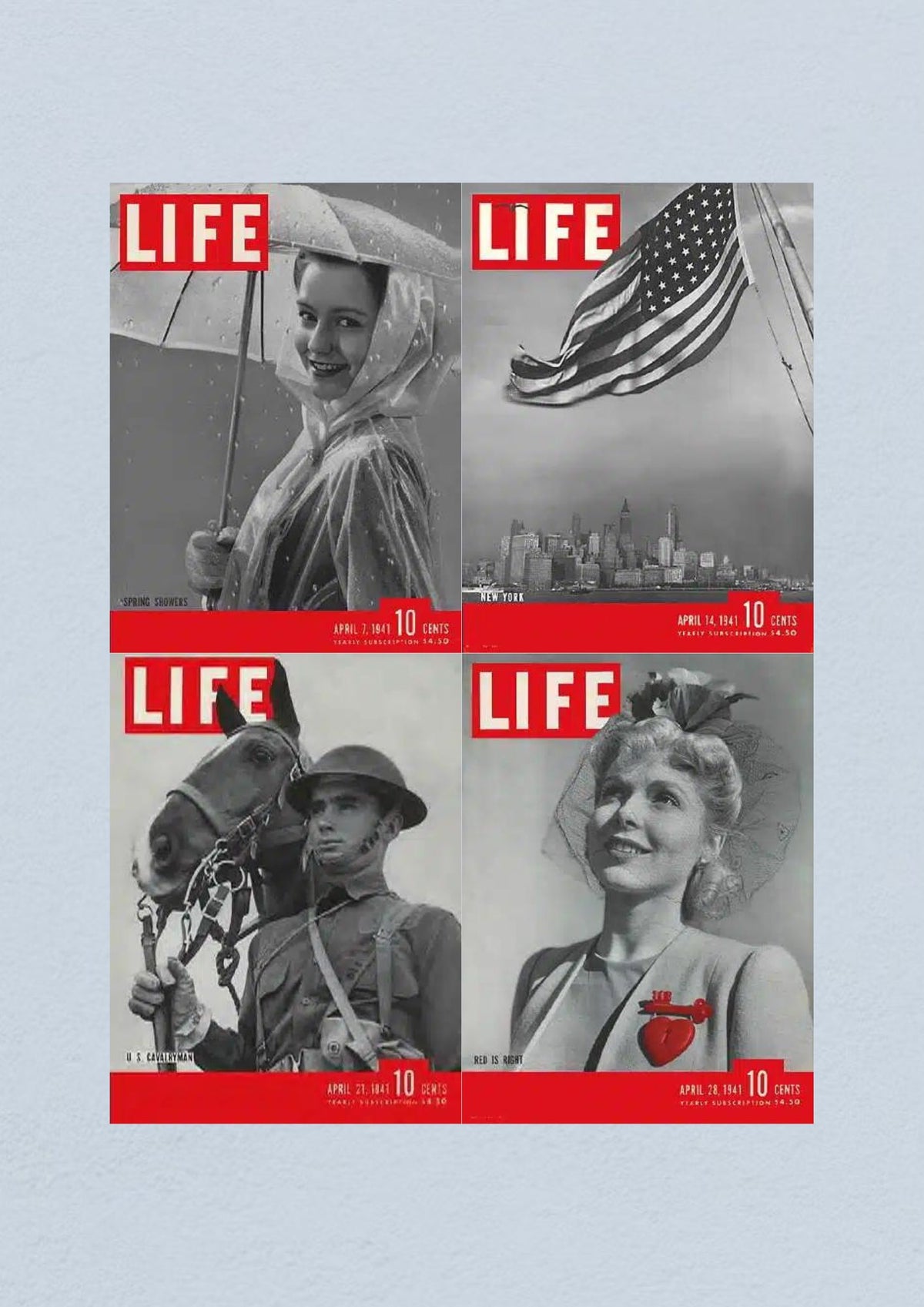 Life Magazine lot of 4 full month of April 1941 featuring covers from April 7, 14, 21, and 28, showcasing WWII era themes and iconic imagery.