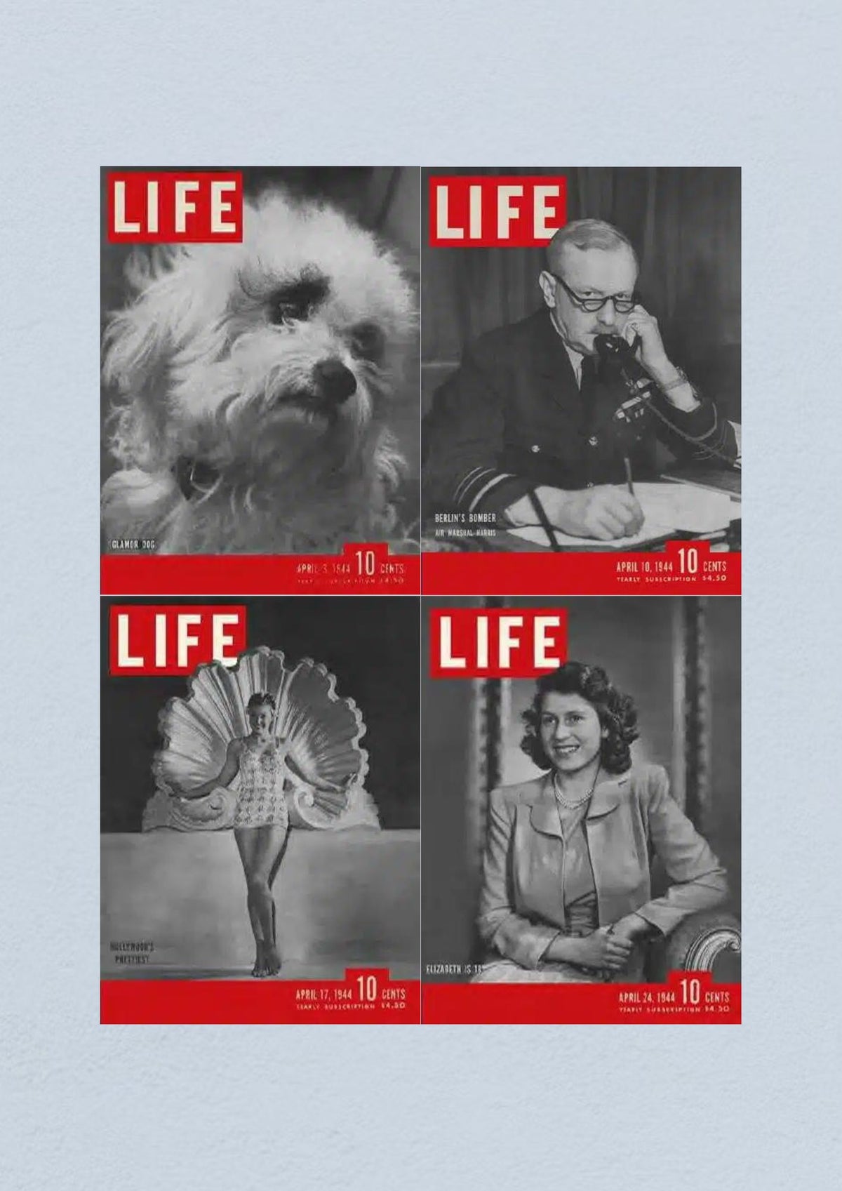 Life Magazine Lot of 4 Full Month of April 1944 featuring the cover of April 3 showing a Bichon Frise dog, April 10 depicting a man on the phone, April 17 showcasing Hollywood's prettiest, and April 24 featuring a woman in formal attire.