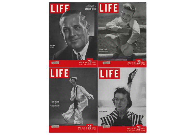 Life Magazine Lot of 4, Full Month of April 1949 - Cover images from April 4, 11, 18, and 25, showcasing notable figures and features of the time.