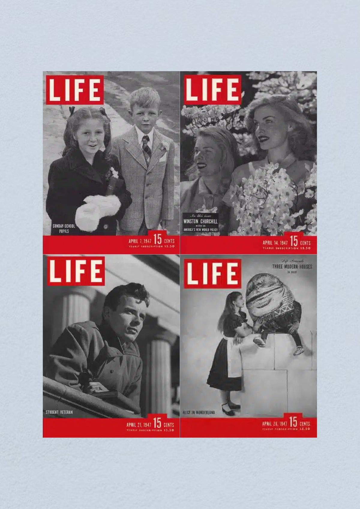 Life Magazine cover for April 28, 1947 featuring Alice in Wonderland themed imagery, underlining cultural reflections.