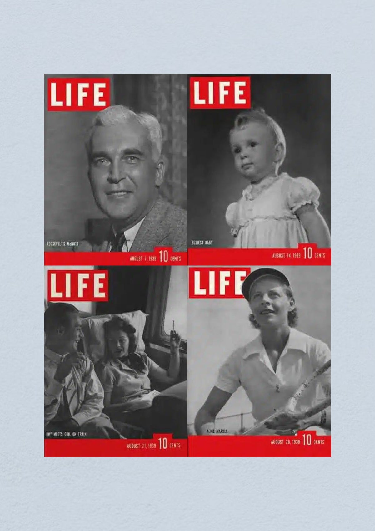 Life Magazine Lot of 4 Full Month August 1939 featuring Paul McNutt, the 'Bikini Baby', a romantic train encounter, and athlete Alice Marble.