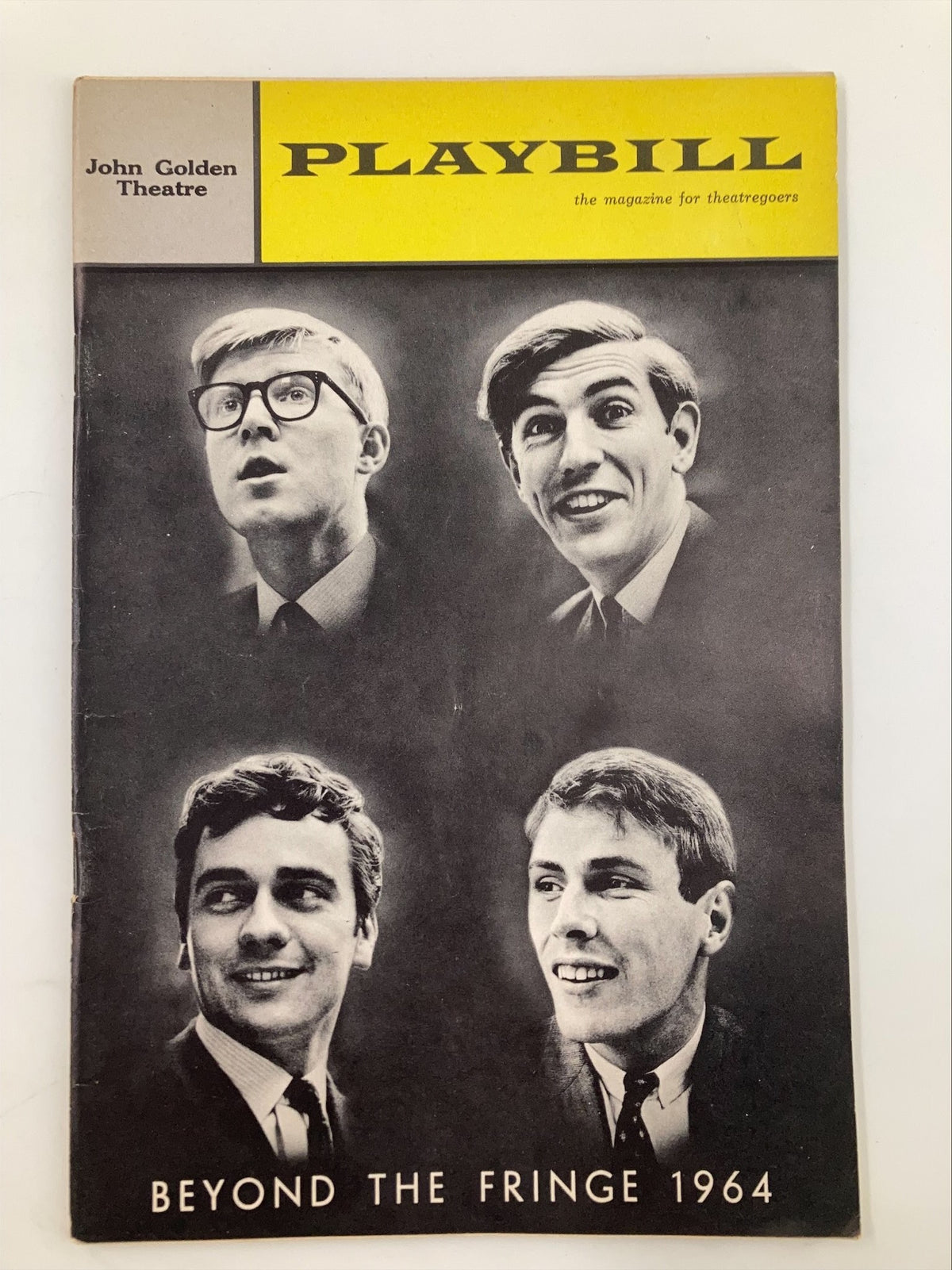 1964 Playbill for Beyond The Fringe featuring cast members' portraits from the John Golden Theatre, highlighting Alan Bennett and the iconic British comedy performance.