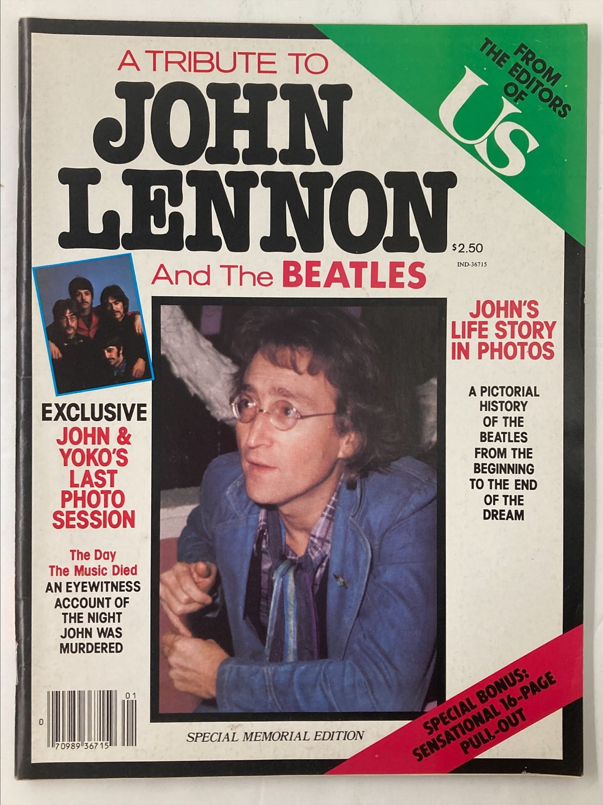 Cover of the 1980 vintage magazine 'A Tribute To John Lennon and The Beatles', featuring John Lennon, highlighting the exclusive last photo session of John and Yoko, and offering insights into Lennon's life and legacy.