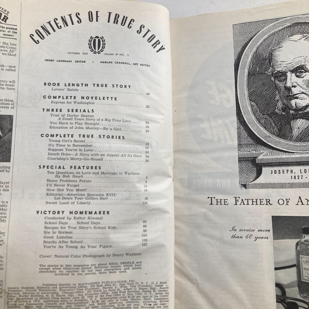 Table of contents page from the VTG True Story Magazine October 1943, Volume 49 No. 3, outlining featured stories and articles including 'It’s Time to Remember' and 'Trial of Dr. Benton'.