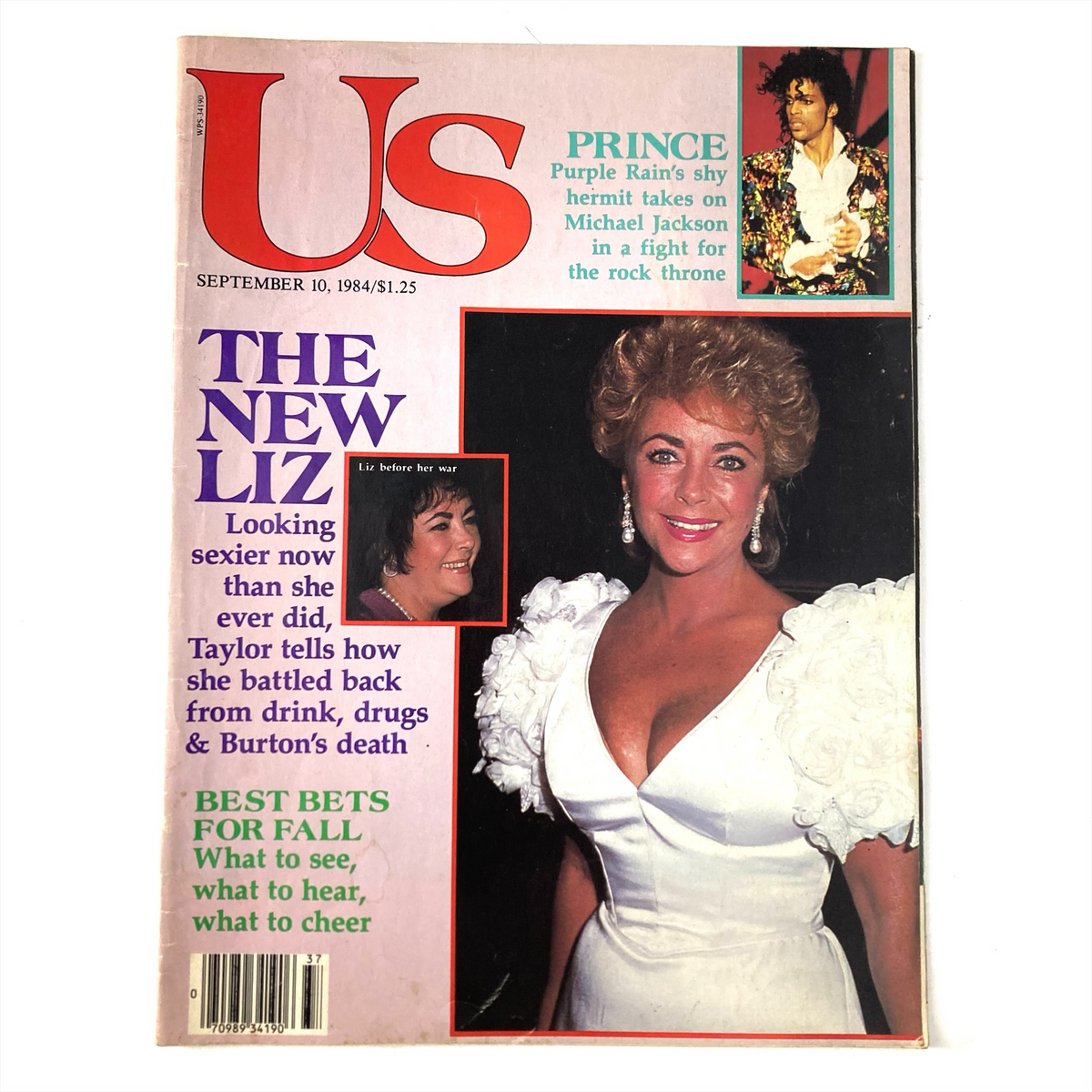Cover of VTG US Magazine September 10 1984 featuring Elizabeth Taylor and Prince, highlighting entertainment culture of the 1980s. Article discusses Taylor's journey and Prince's musical career.