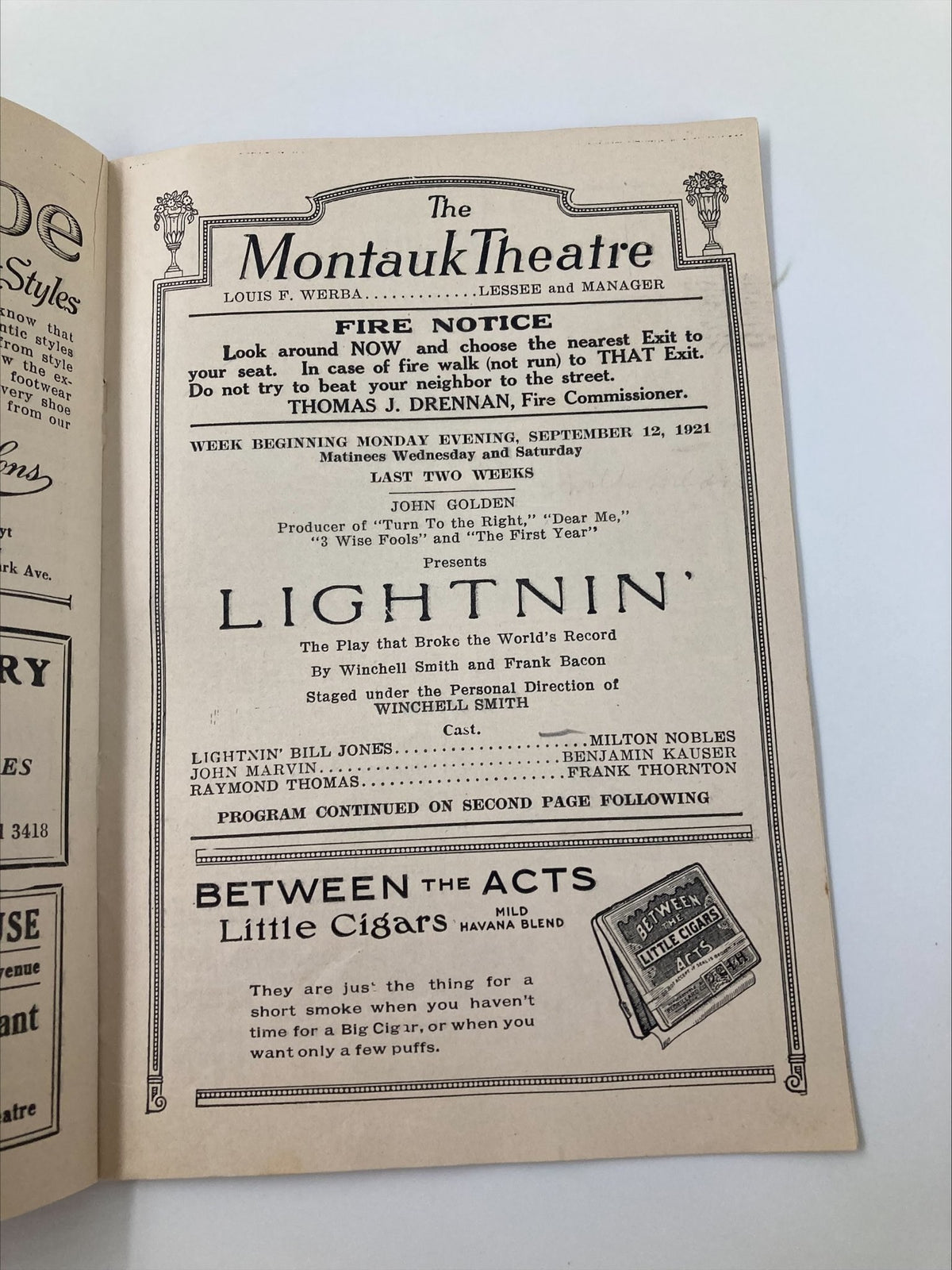 1921 The Montauk Theatre Brooklyn Lightnin' by Winchell Smith & Frank Bacon, featuring a fire notice from the theatre, detailing showtimes and production information.