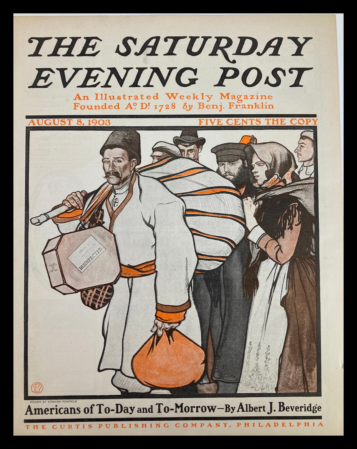 Cover of The Saturday Evening Post dated August 8, 1903, featuring the theme 'Americans of Today & Tomorrow'. The illustration depicts a man with a drum and a woman in an elegant dress, showcasing early 20th-century American artistry.