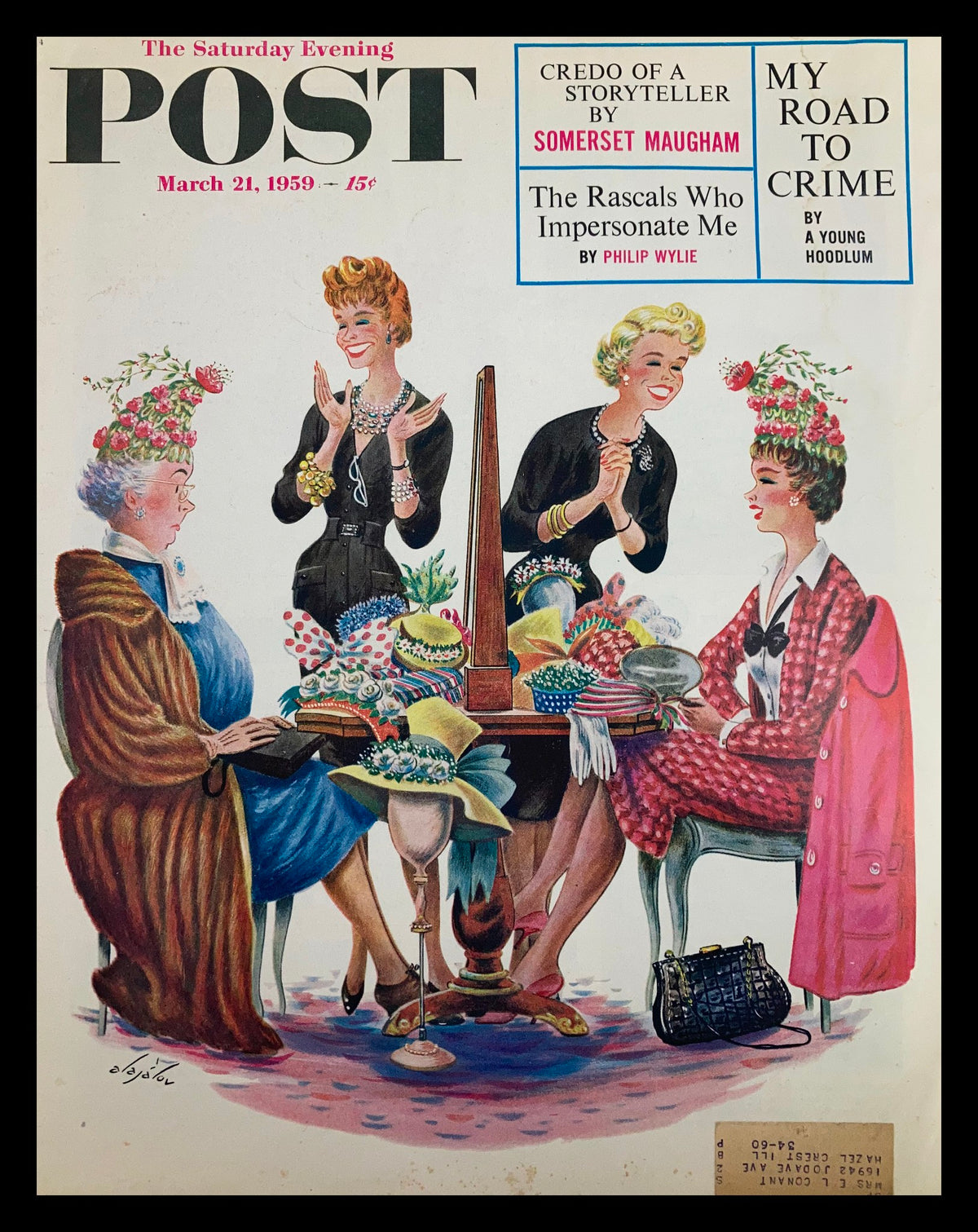 Cover of The Saturday Evening Post, March 21, 1959, titled 'My Road To Crime', featuring a colorful illustration of four women enjoying a conversation at a table adorned with hats, flowers, and refreshments.
