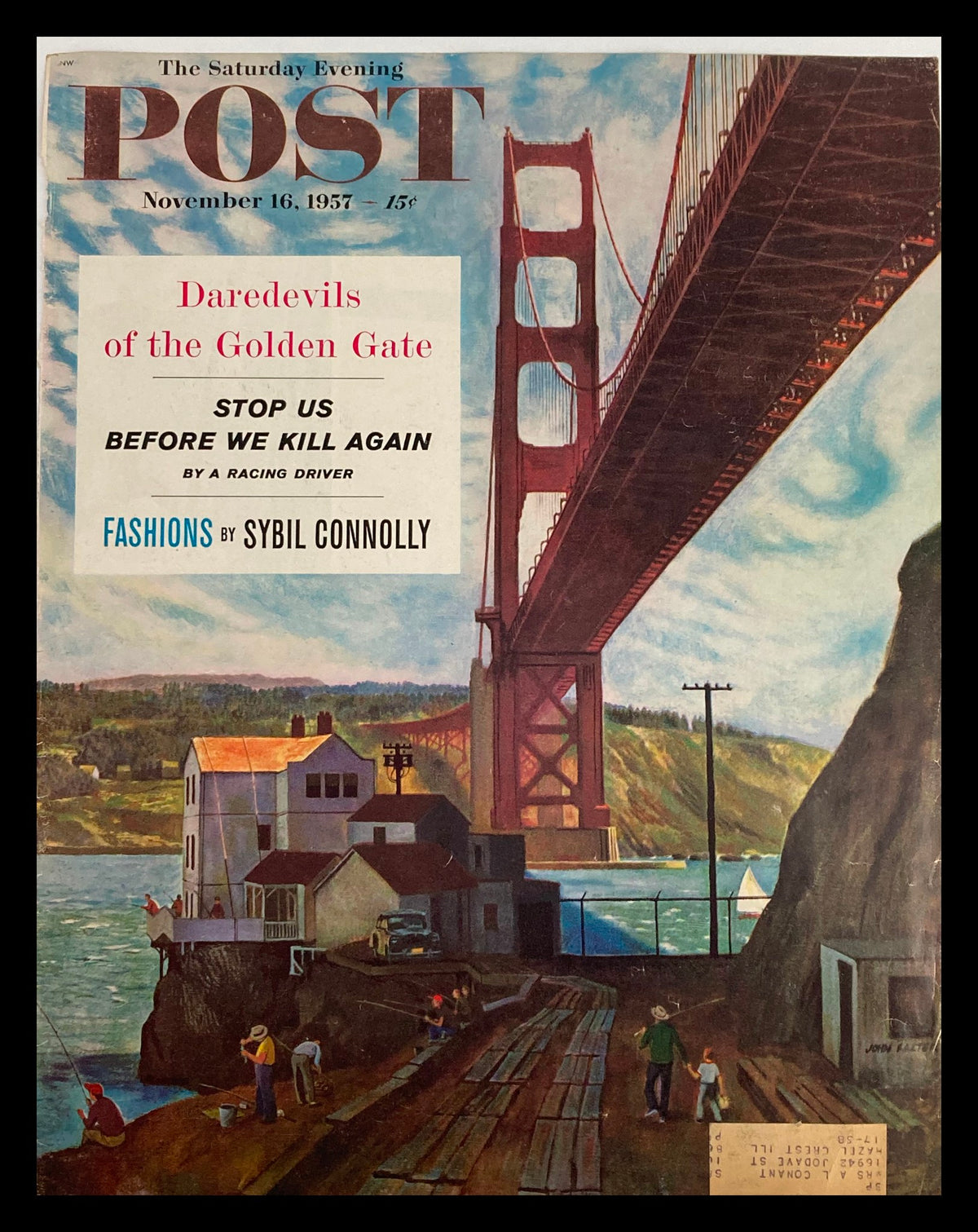 Cover of The Saturday Evening Post dated November 16, 1957, featuring 'Daredevils of the Golden Gate.' Artwork showcases the Golden Gate Bridge with fishermen at the waterfront.