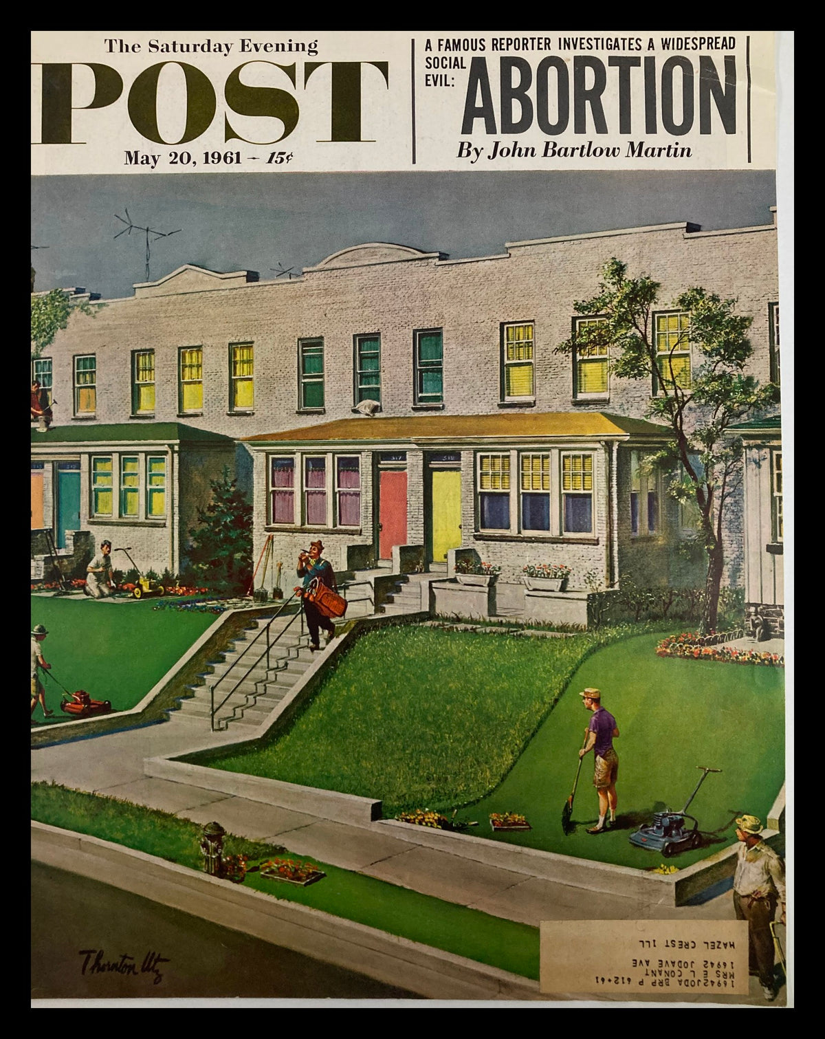 Cover of The Saturday Evening Post dated May 20, 1961, featuring an illustration by John B. Martin on the topic of abortion, depicting suburban life with men working on lawns and a colorful neighborhood.