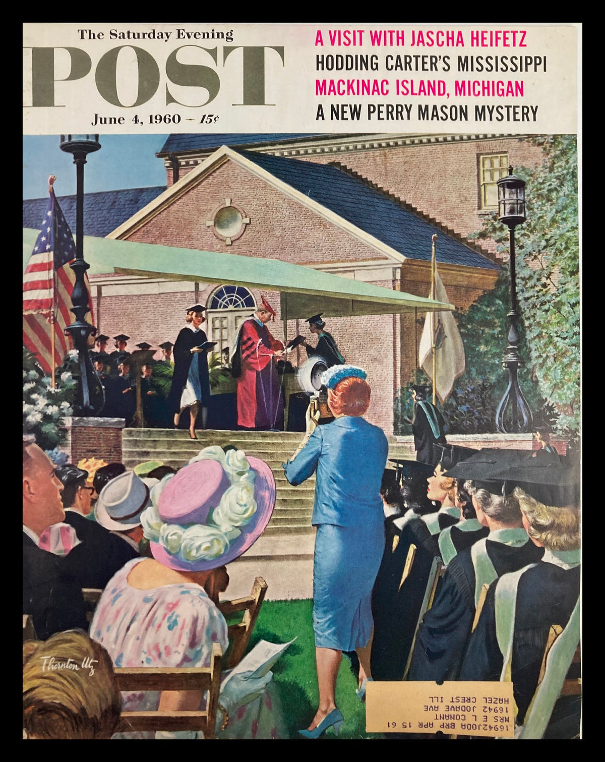 Cover of The Saturday Evening Post dated June 4, 1960, featuring an illustration of a graduation ceremony with attendees, including a woman in a blue dress taking a photo. The cover highlights a visit with Jascha Heifetz.